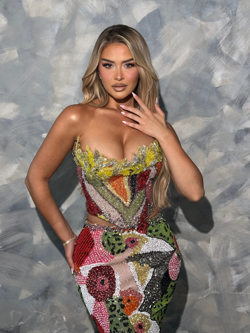 Dalmina - Strapless Multicolor Sequin Gown with Feather Bolero