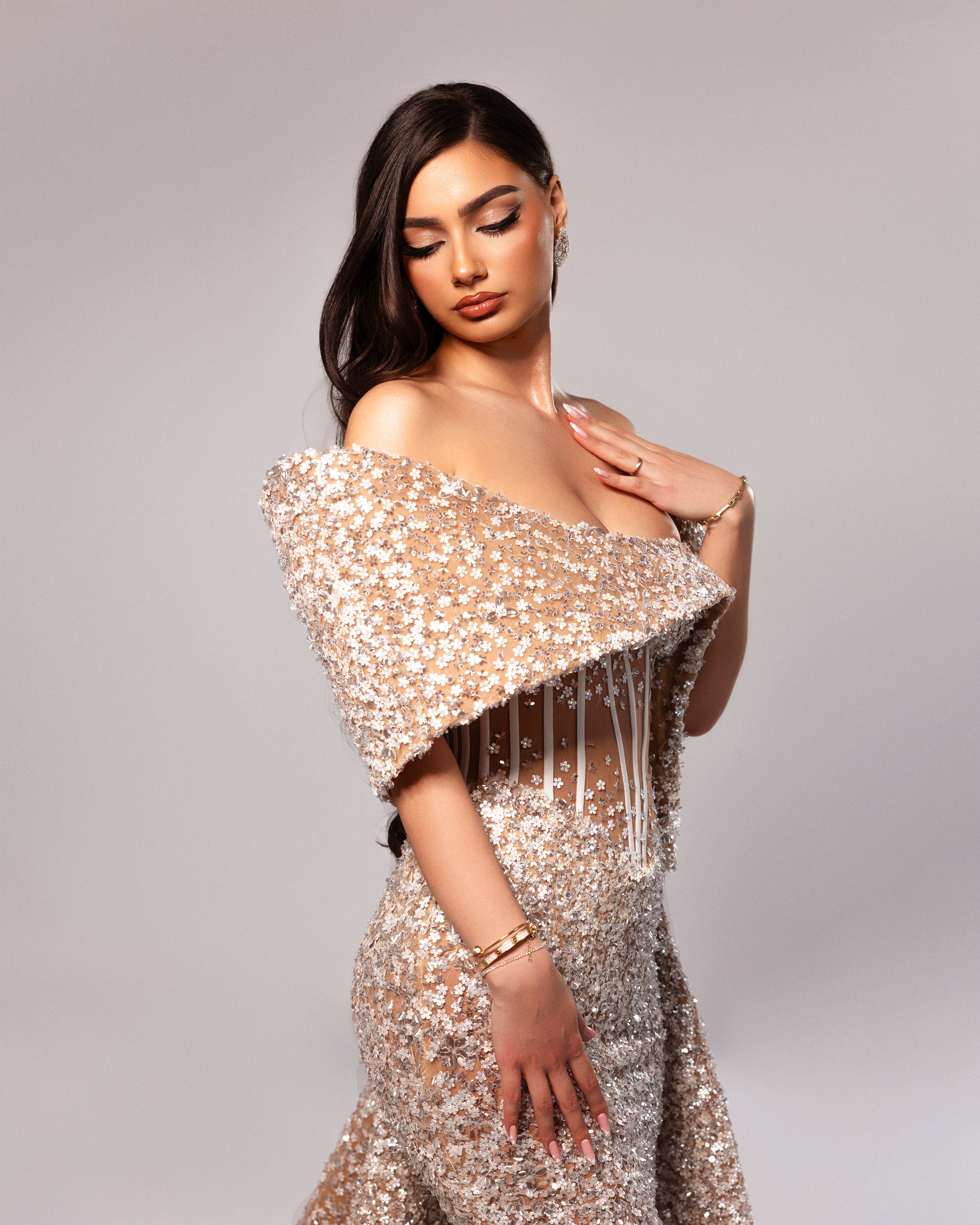 Off Shoulder Embellished Corset Gown with Draped Sleeves – Walone LLC Off Shoulder Embellished Corset Gown with Draped Sleeves – Walone LLC
