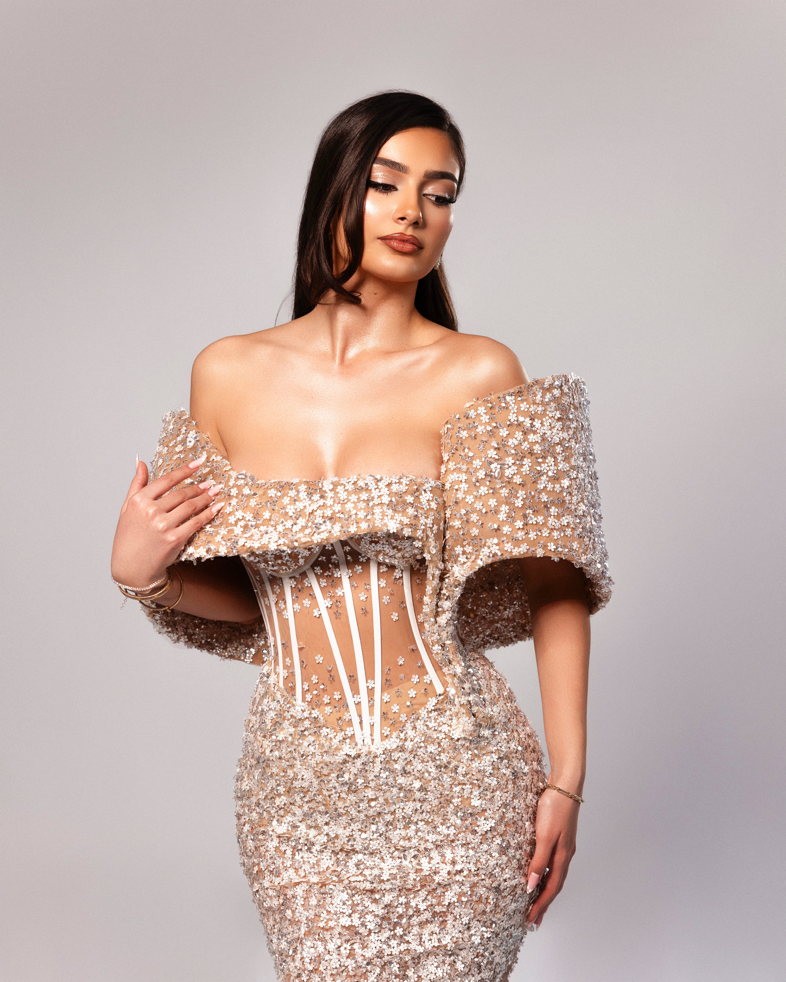 Off Shoulder Embellished Corset Gown with Draped Sleeves