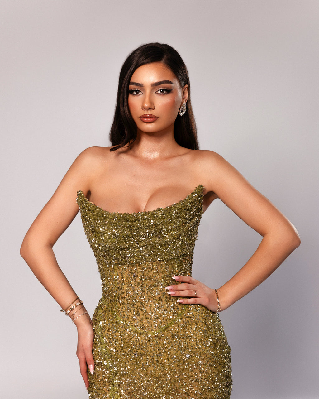 Strapless Sequin Gown with High Slit