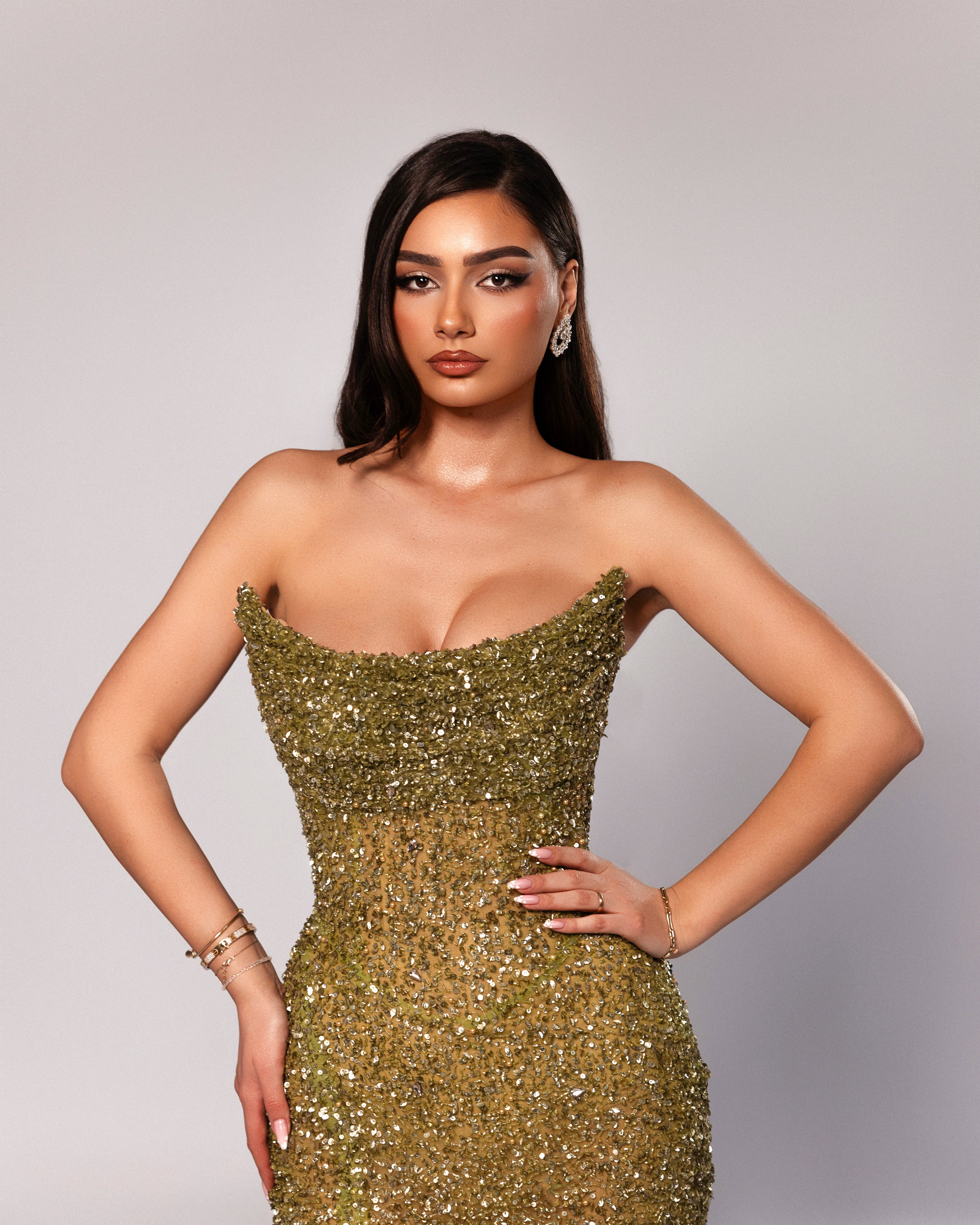 Strapless Sequin Gown with High Slit