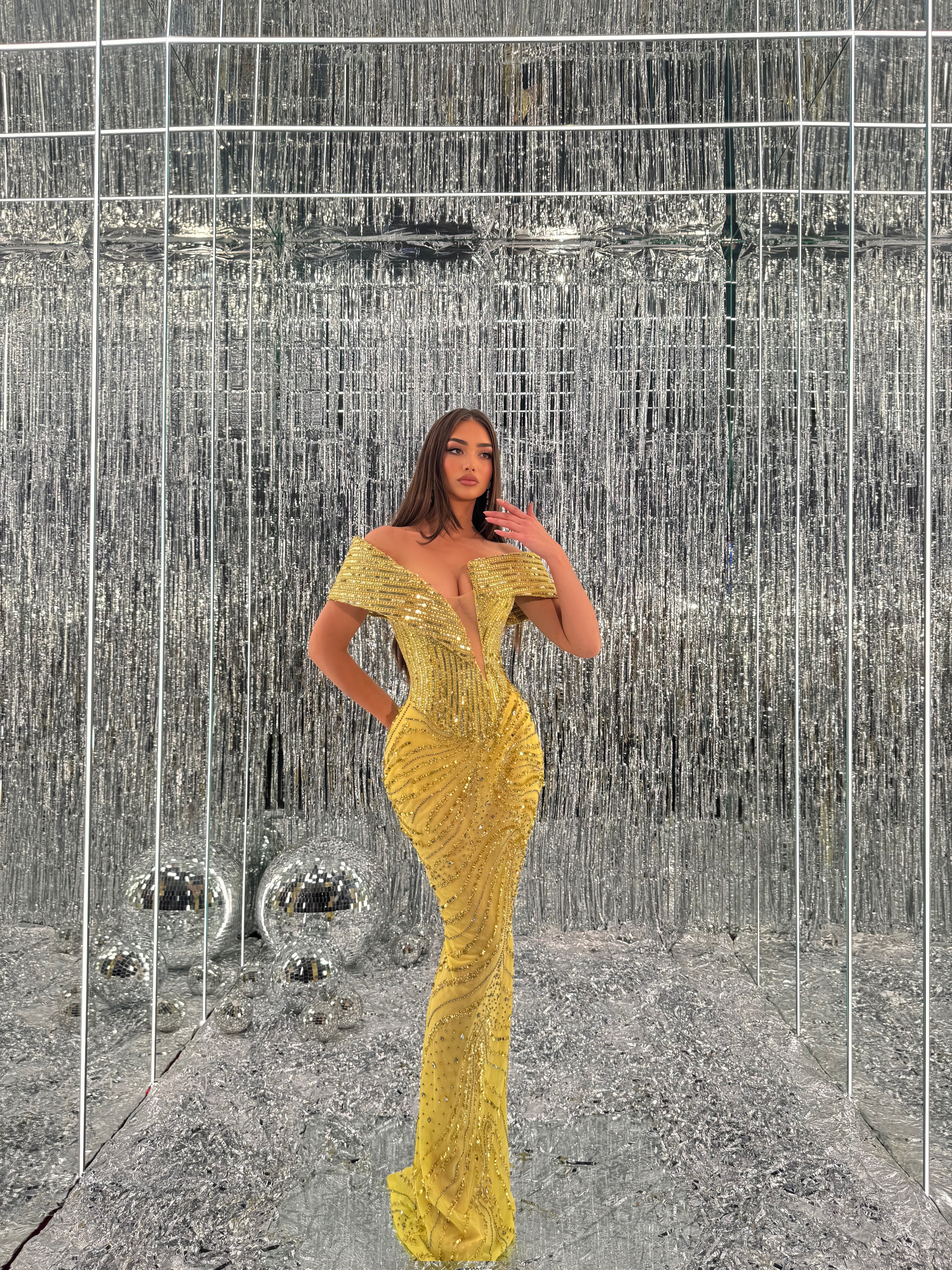 yellow off the shoulder mermaid dress Yellow Satin Off-the-Shoulder Mermaid Pleated Long Formal Prom Dress with Sleeves Yellow / 8