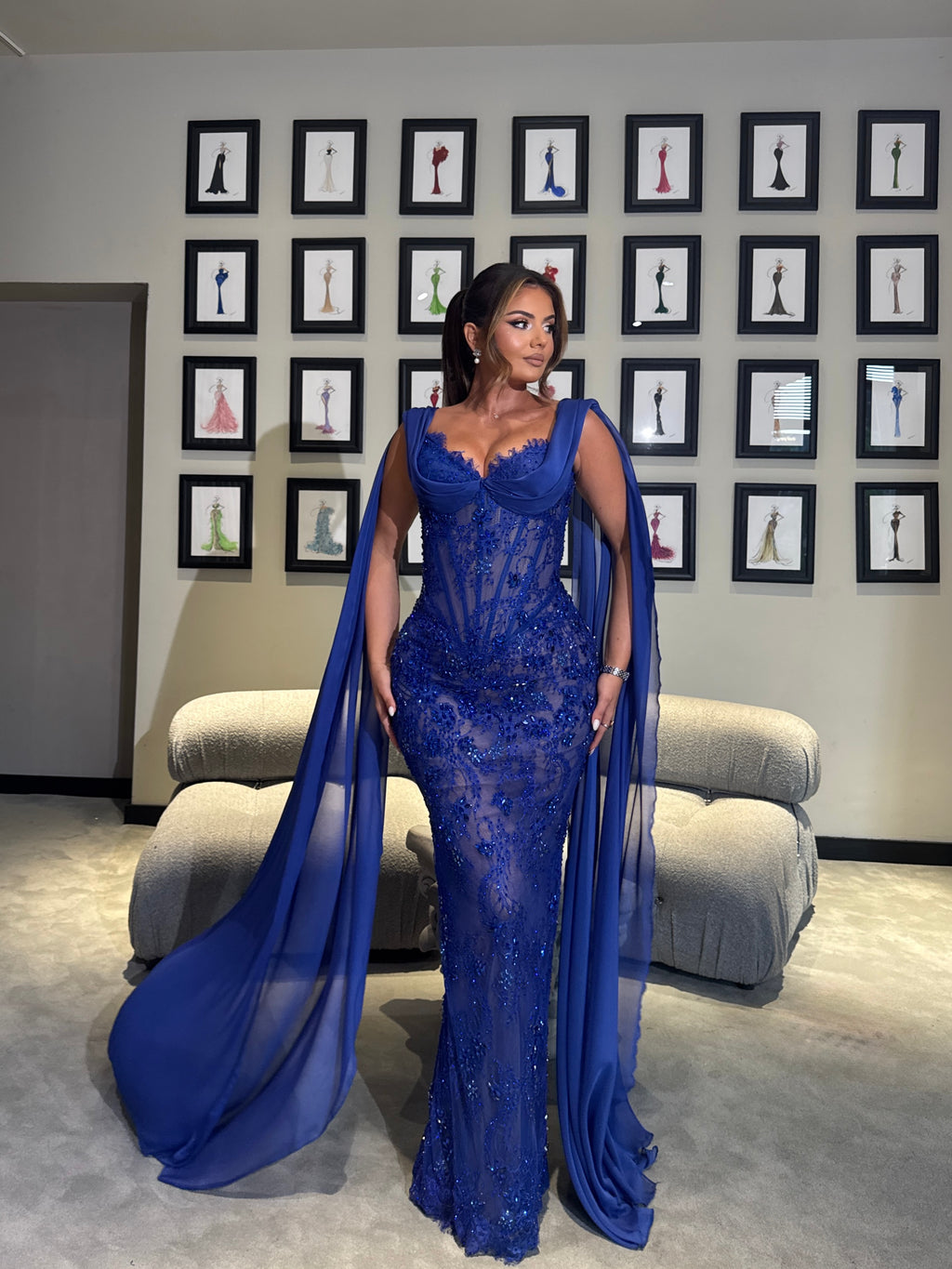 Long Royal Blue Gown with Beaded Embellishments & Draped Chiffon Sleeves