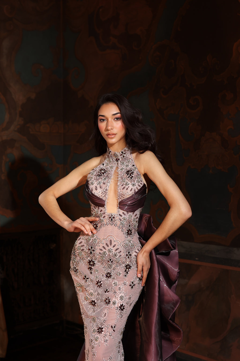 Enola - Crystal Floral Halter Gown
