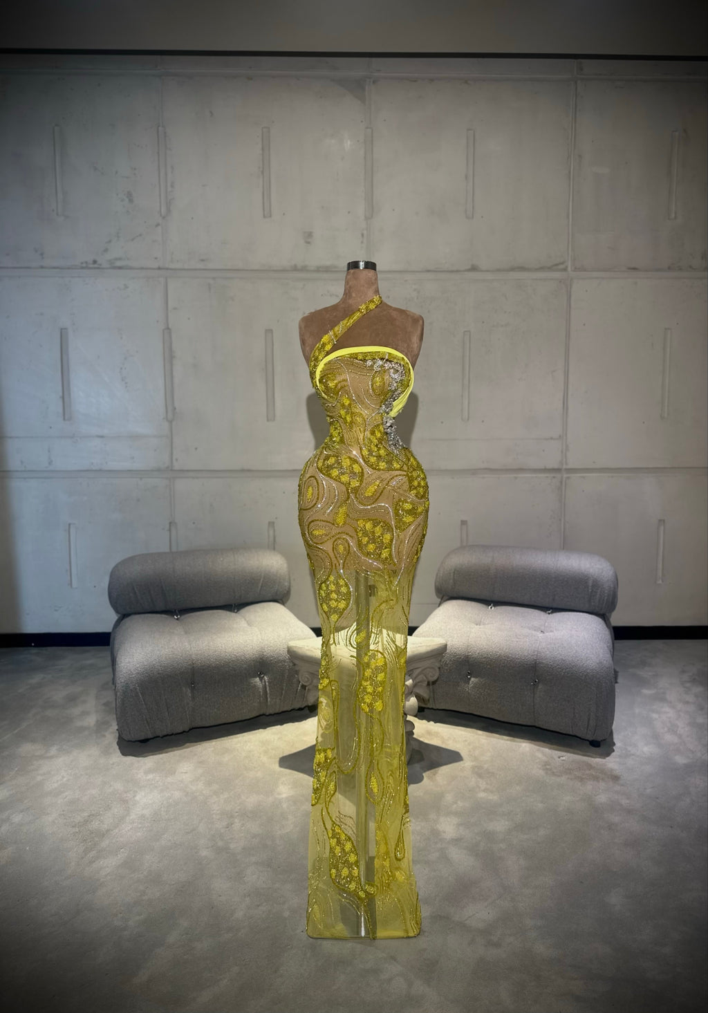 Elia - Yellow OneShoulder Crystal Gown