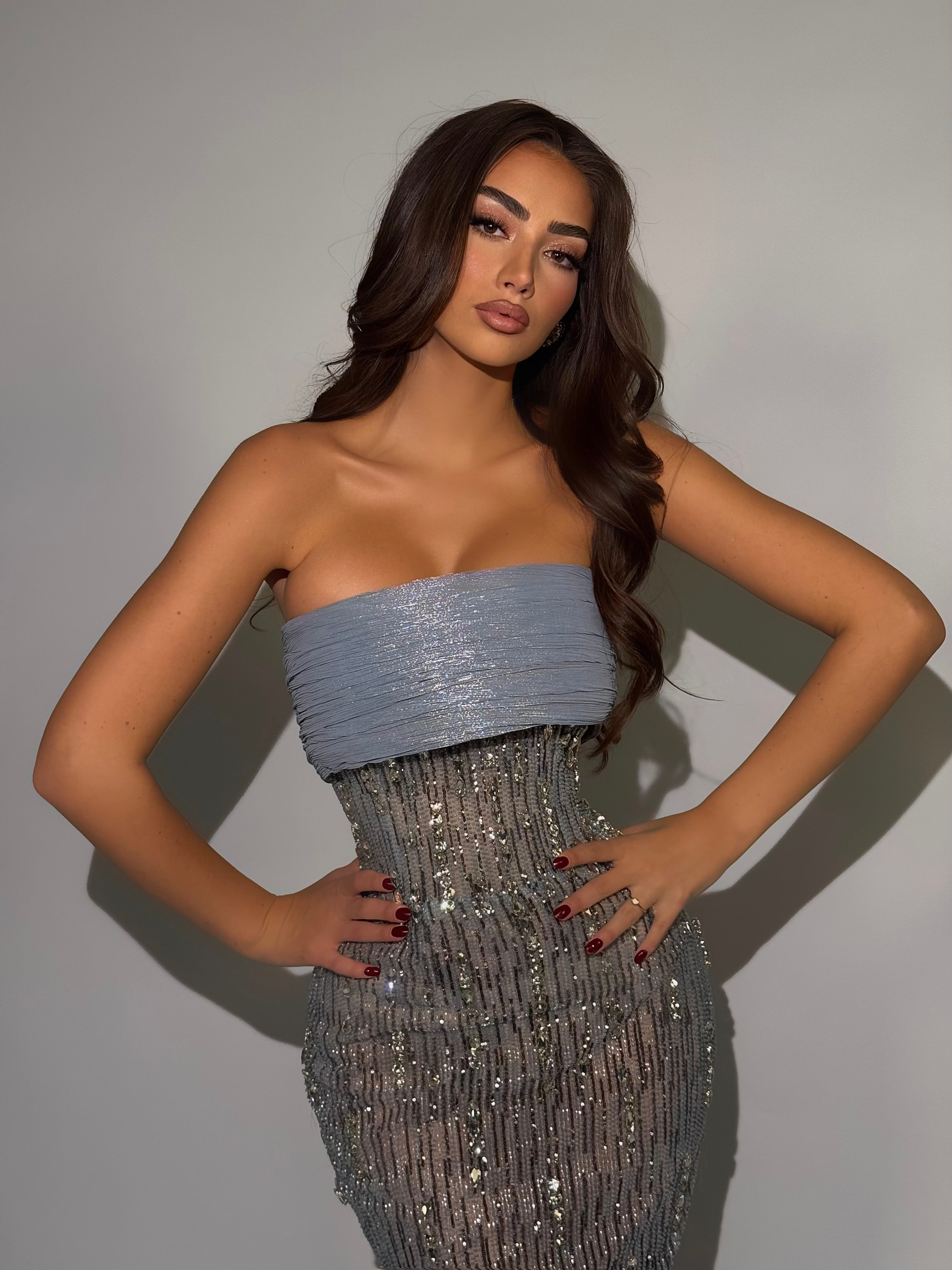 Lyra – Strapless Beaded Column Gown with Structured Bodice