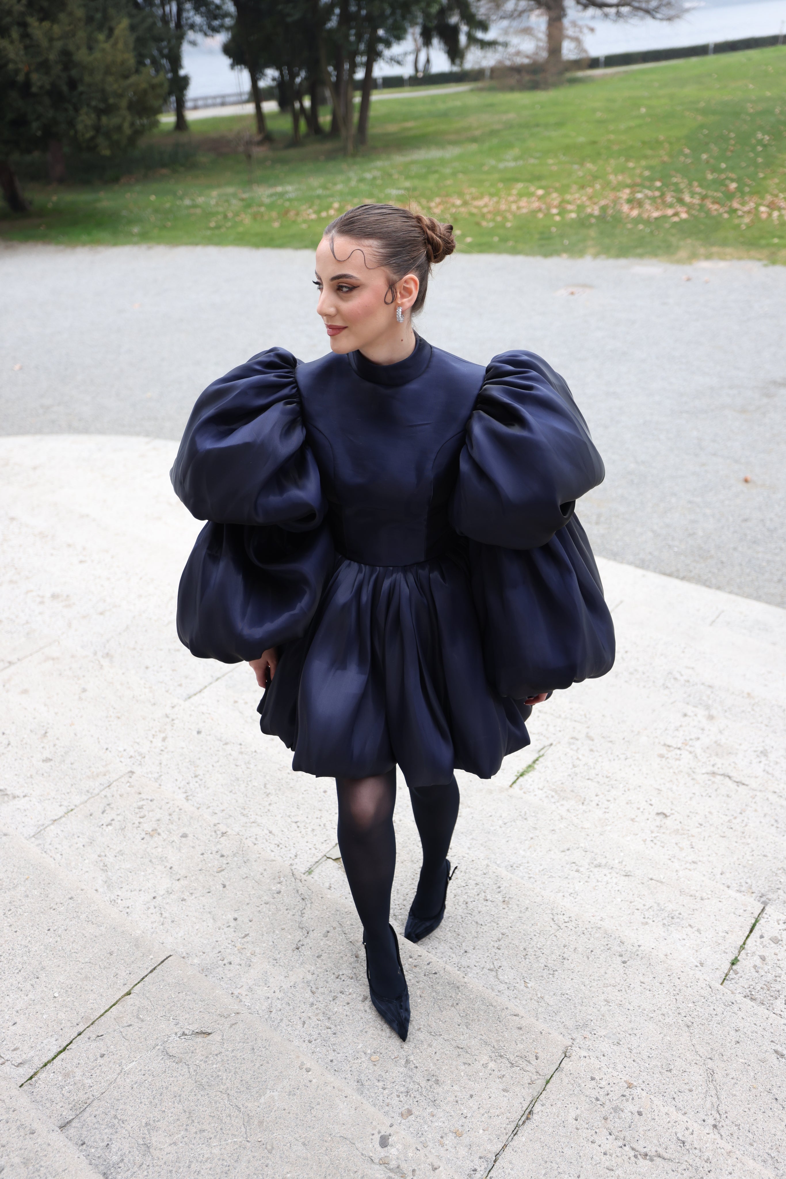 Evelina - High-Neck Puff Sleeve Mini Dress