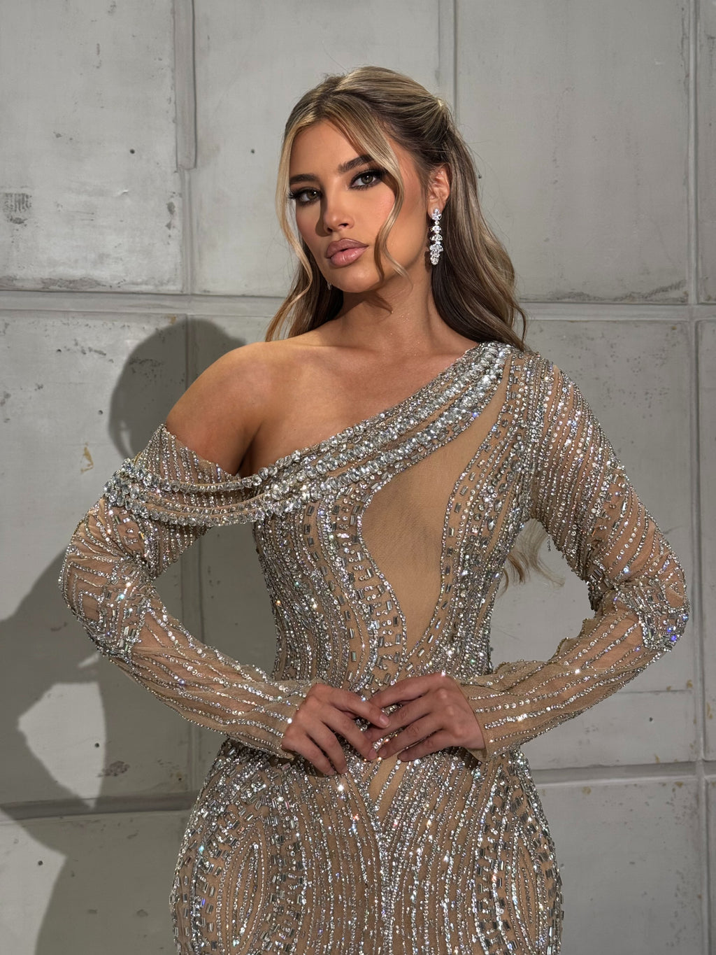 Silver Sequined Gown with Asymmetrical Neckline