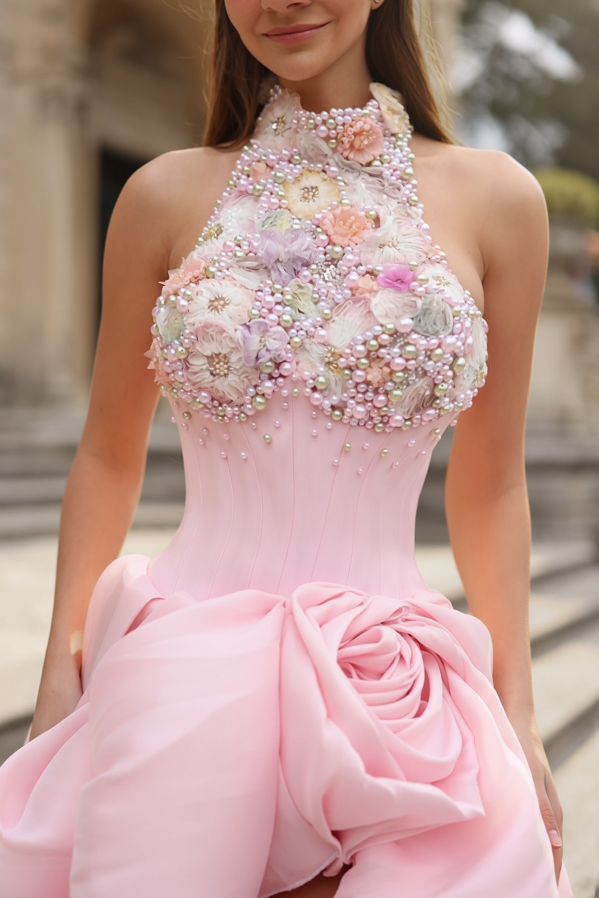 Rosina - Blush Halter Floral Gown