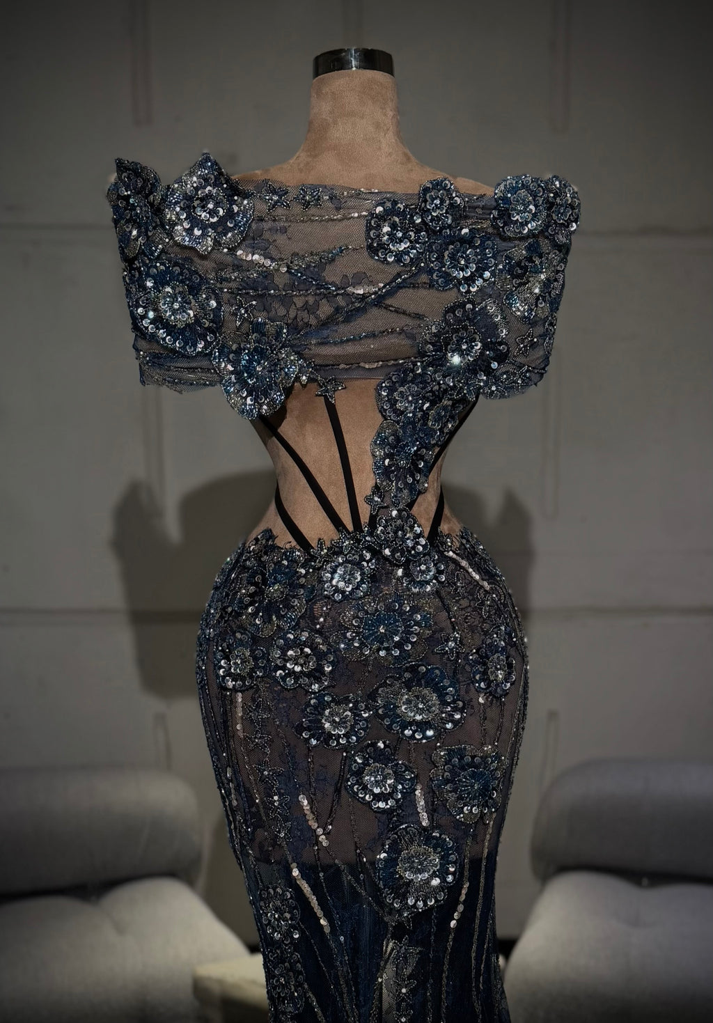 Ruzanna - Long gown with 3D floral appliqués