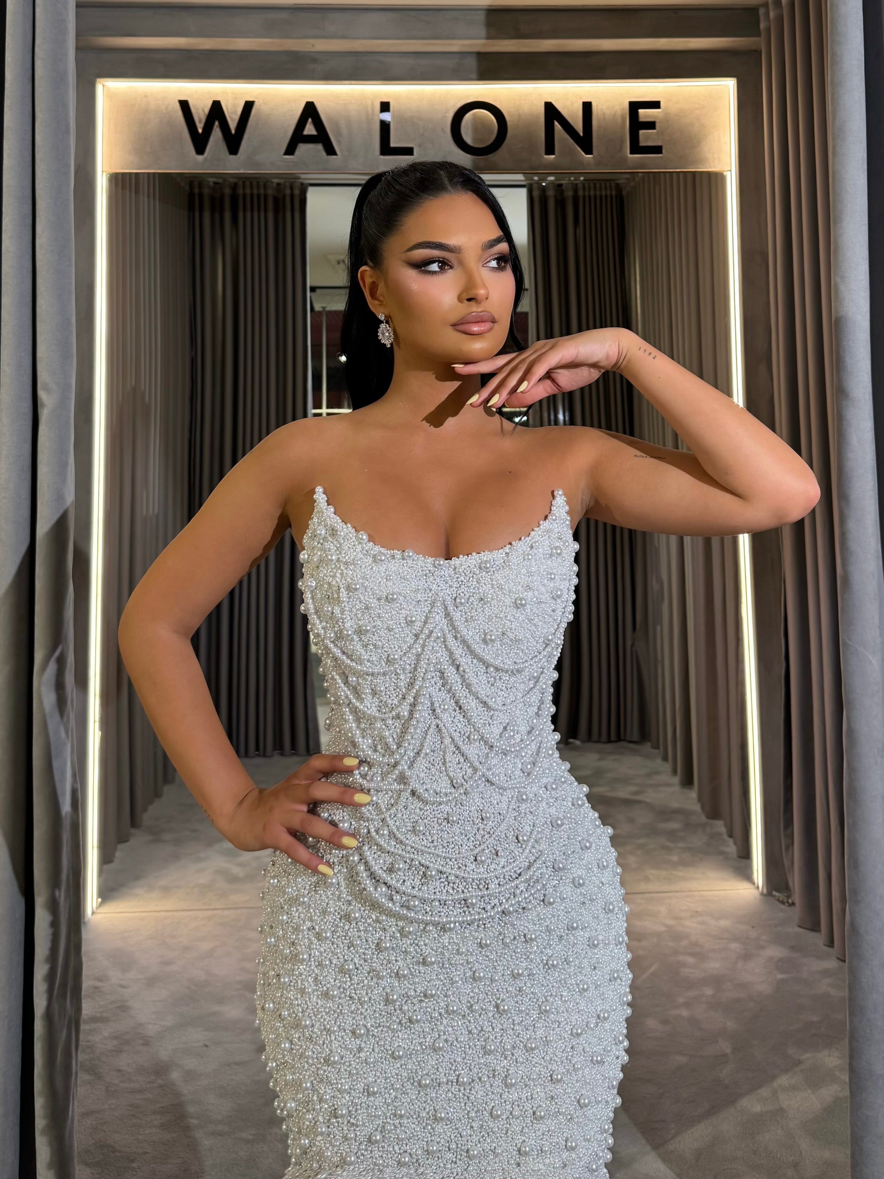 White Pearled Scoop Gown