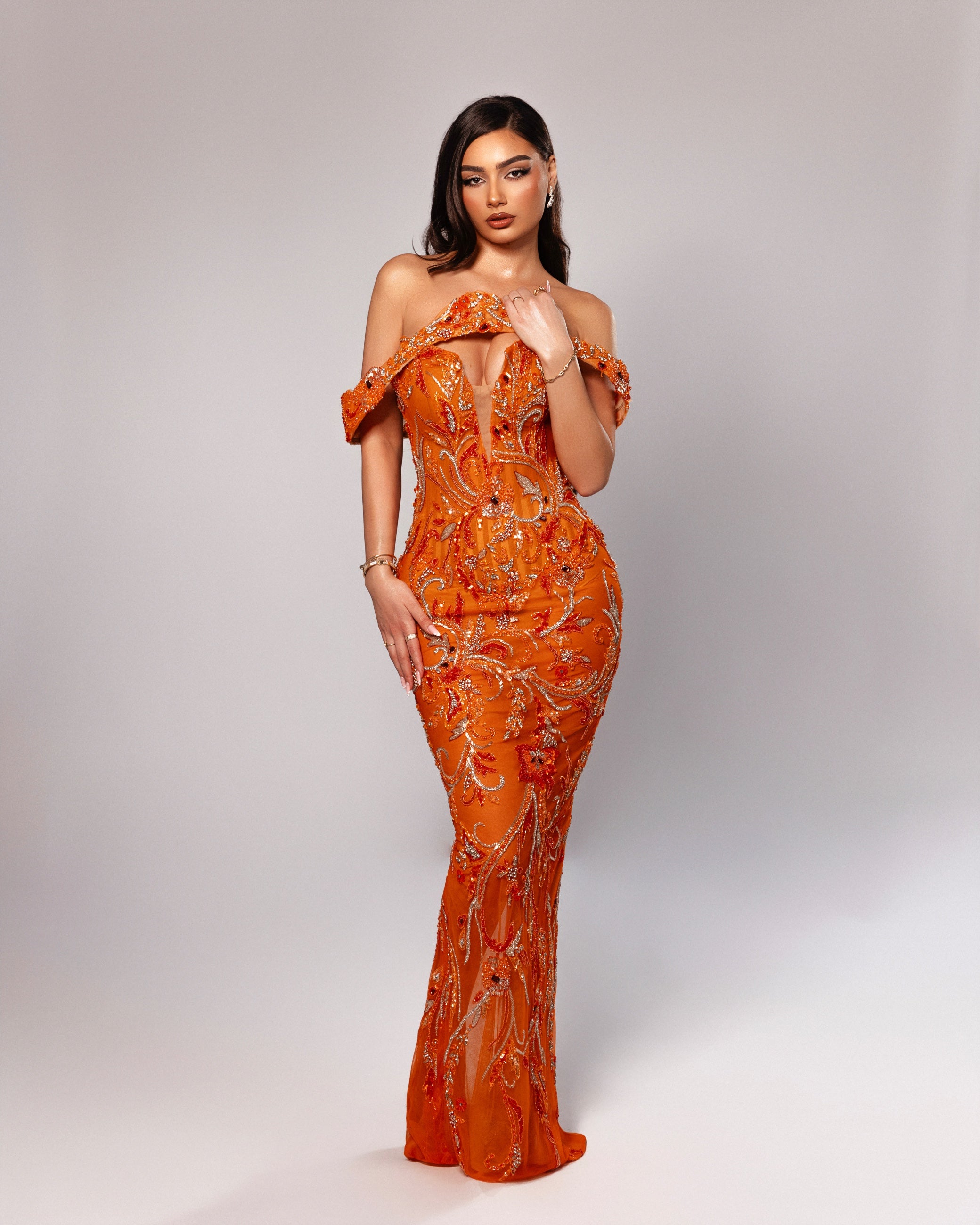 Floral Beaded Off Shoulder Gown