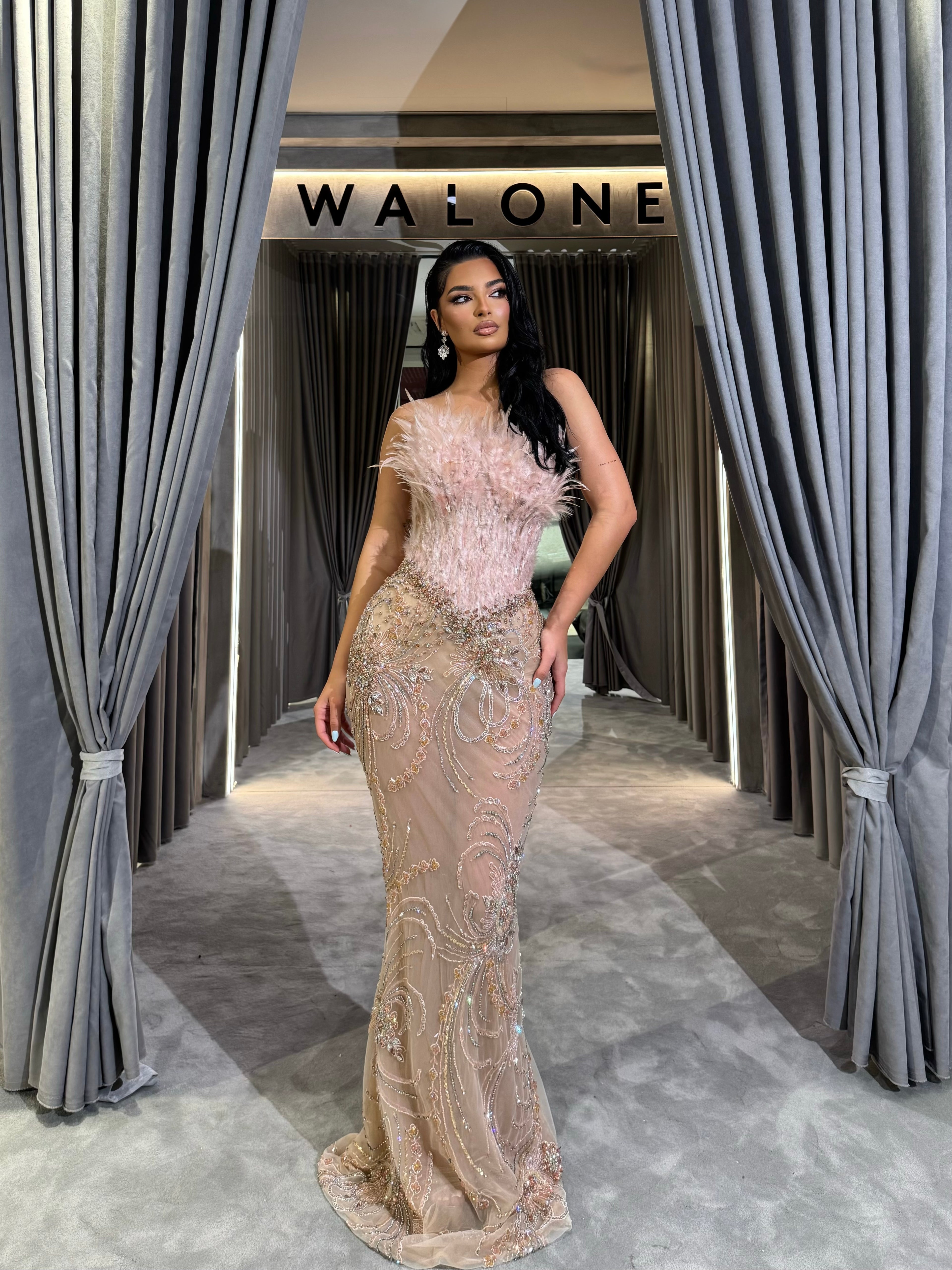 Nude Feather Embellished Crystal Gown