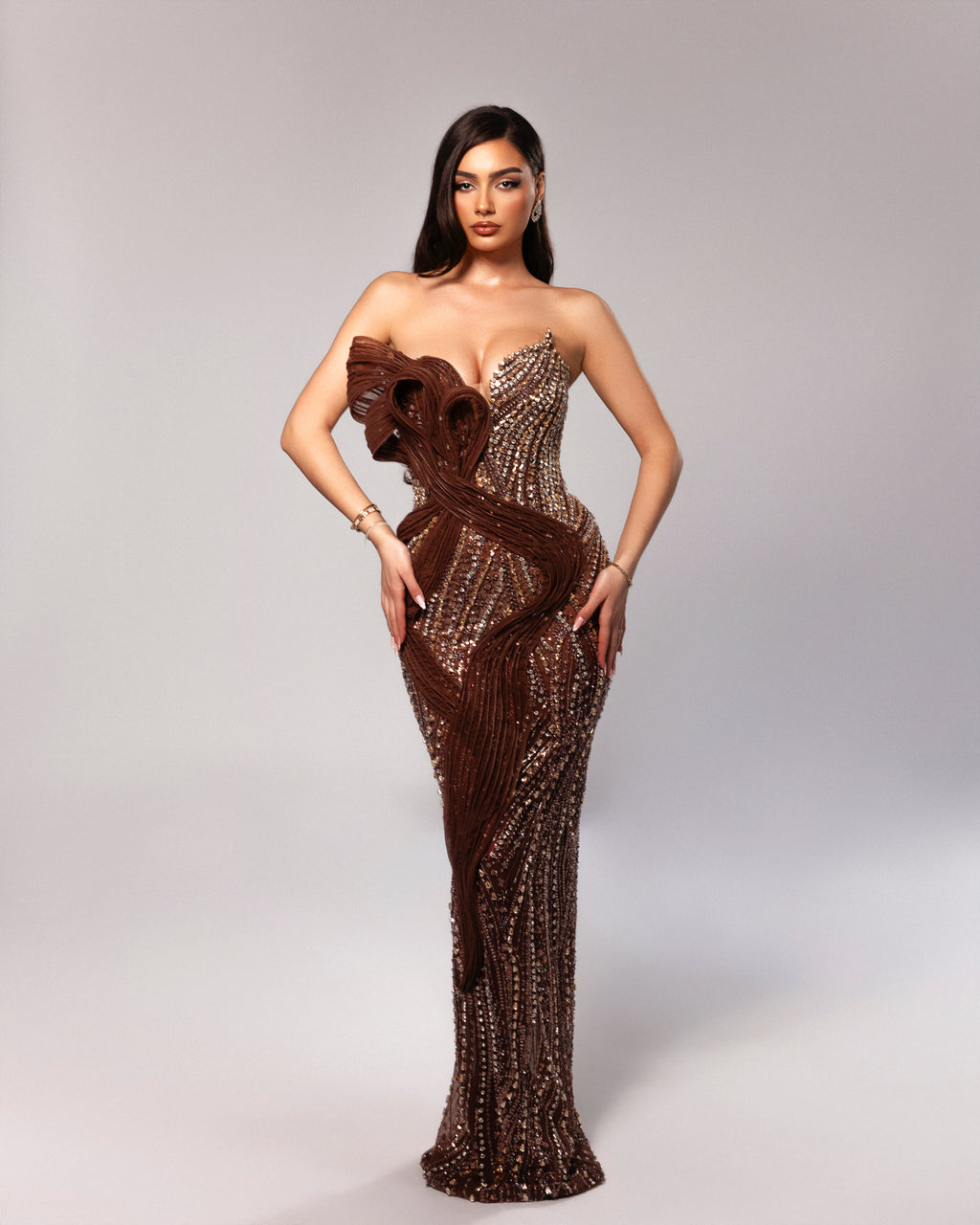 Strapless Brown Gown with sculptural draping
