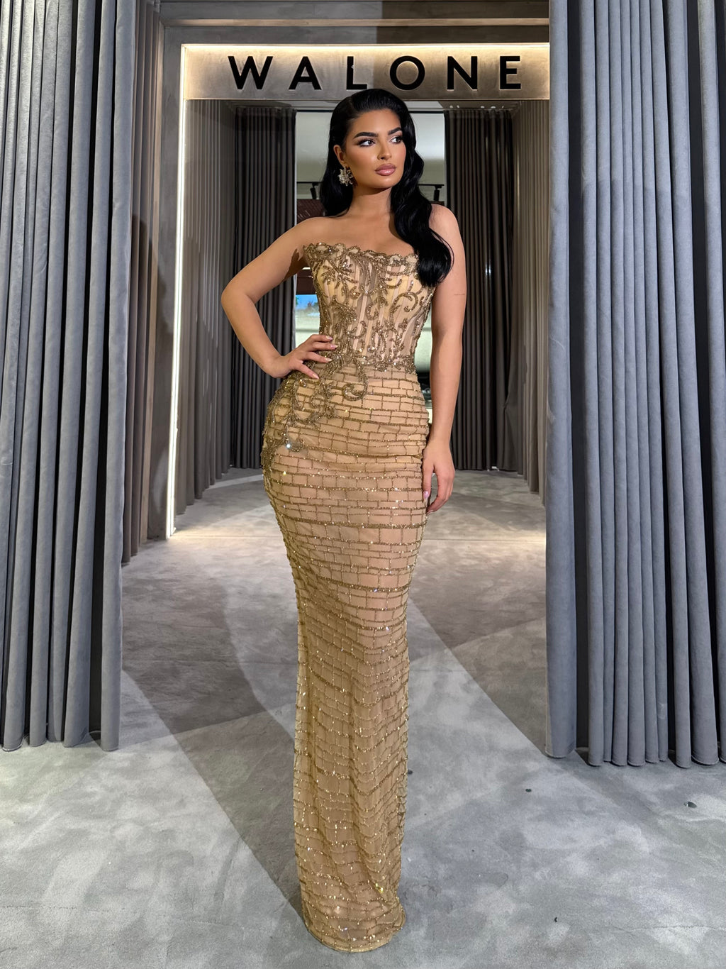 Golden Baroque Beaded Strapless Gown