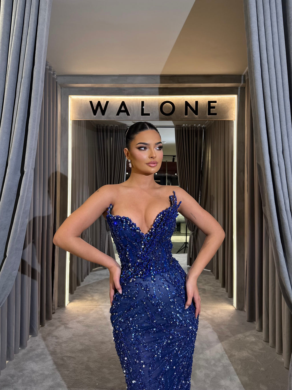 Blue Monarch Beaded Gown with Detachable Overskirt