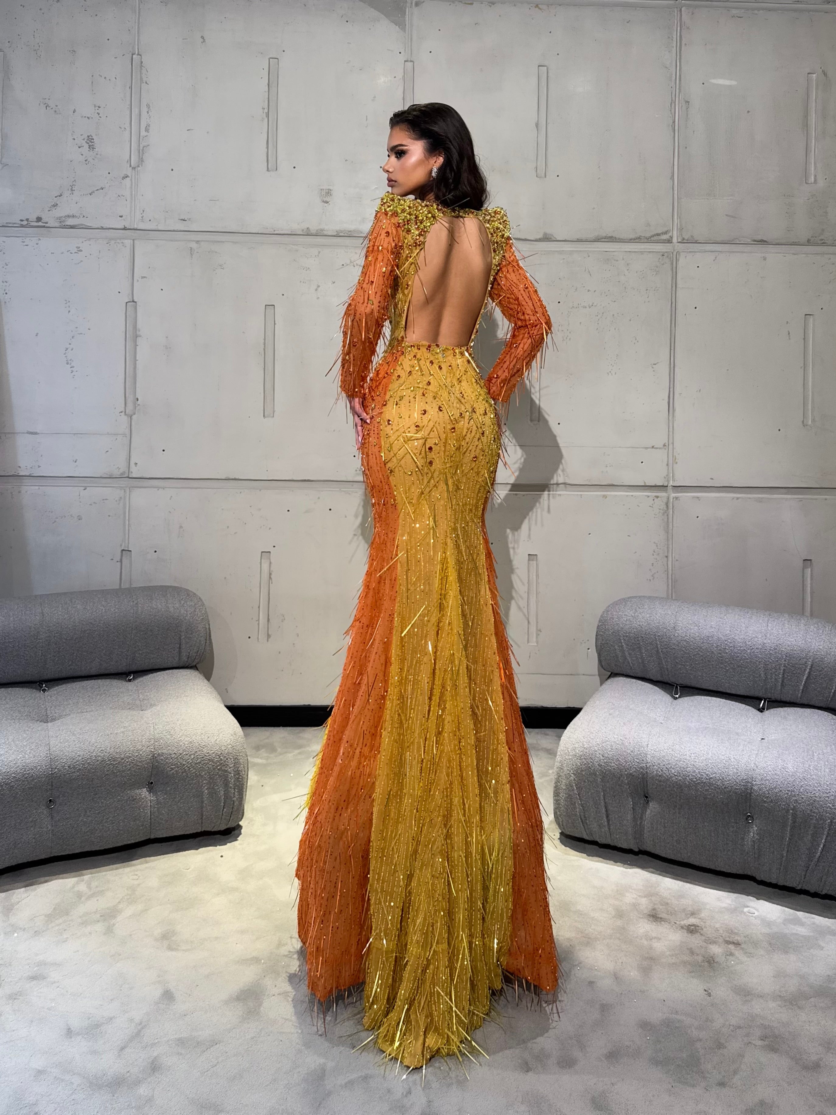 Beaded Gown with Cutout Corset and Fringe Sleeves