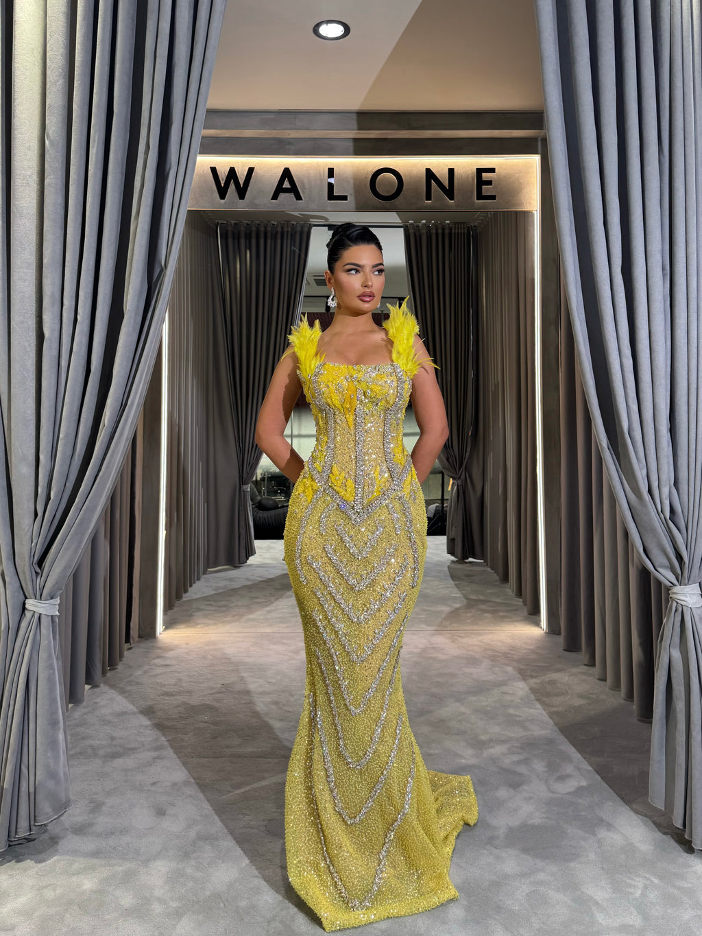 Beaded Corset Gown with Feather and Chevron Details