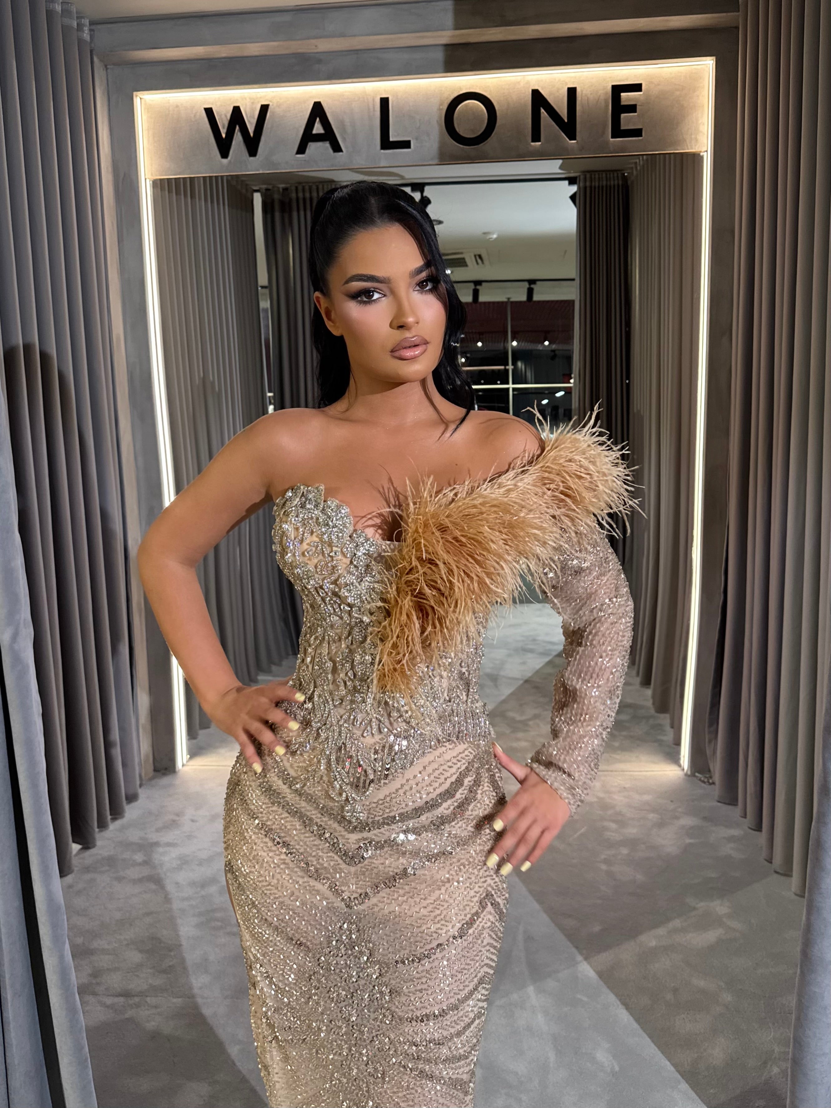 Champagne Long Dress with Feather Detailing and Crystal Embellishments