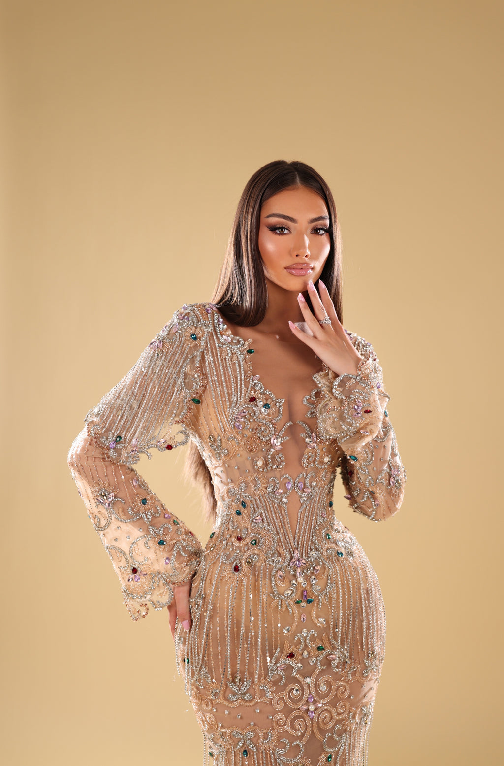 Erna - Bell Sleeve Crystal Fringe Gown