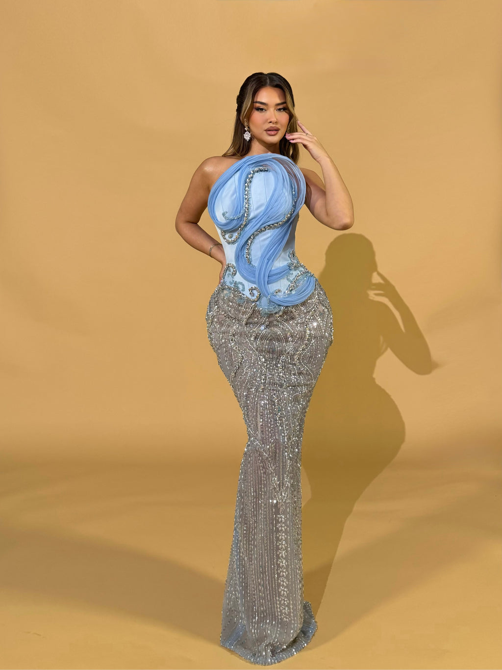 Asymmetric Blue Draped Dress with Crystal Embellishments