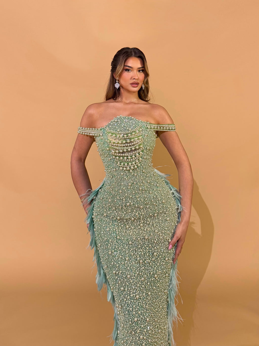 Off Shoulder Pearl Embellished Feather Gown