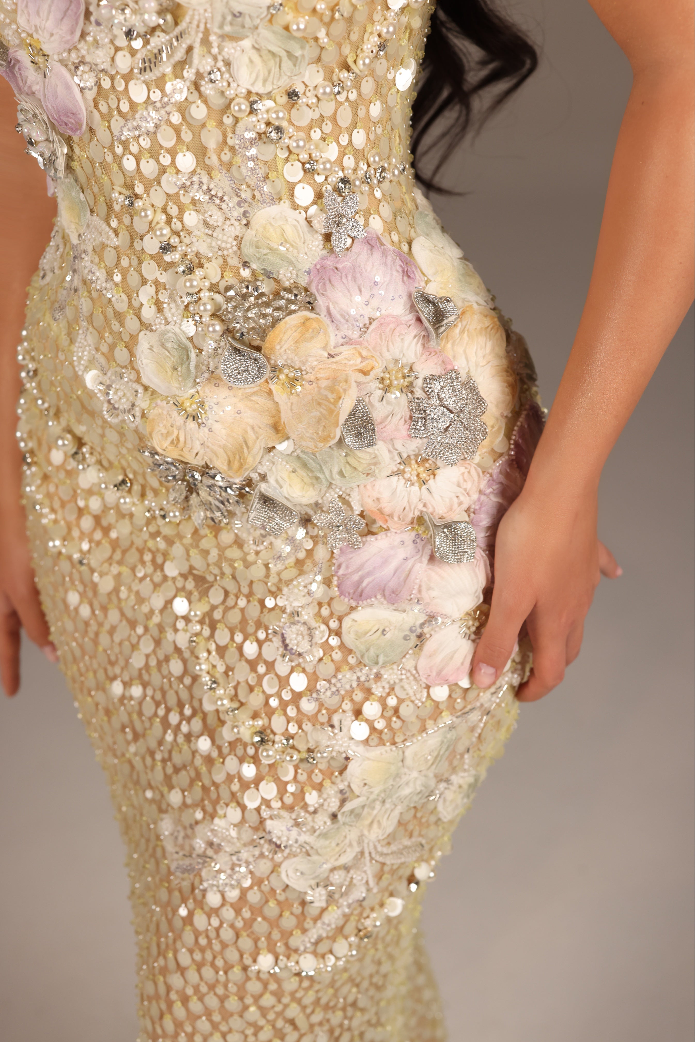 Almira - Embellished Gown with Floral Appliqué and Straps
