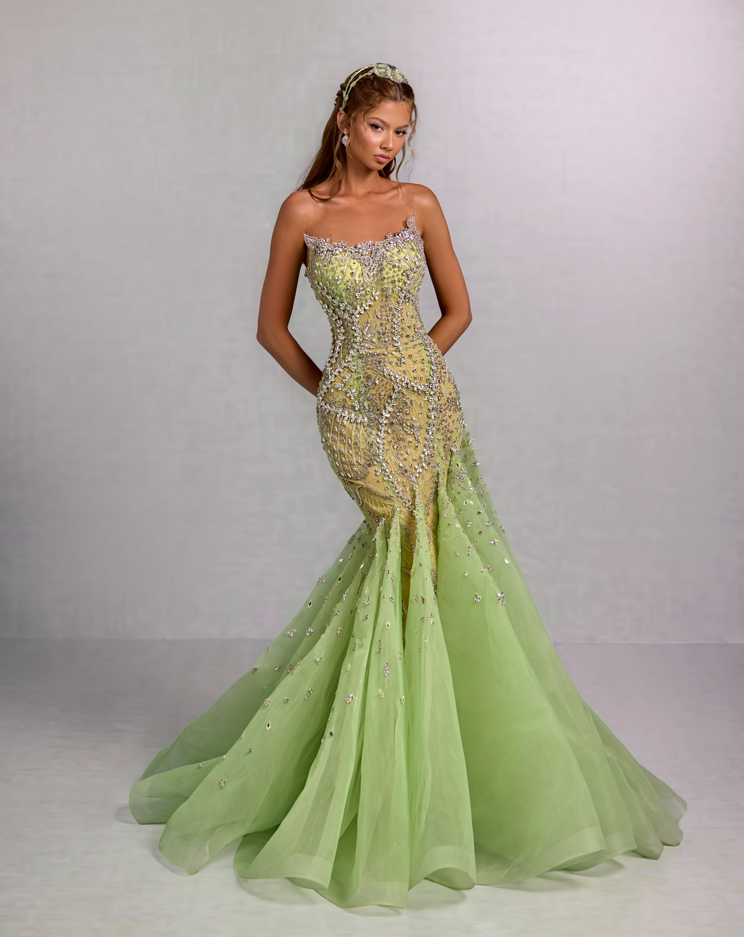 Strapless Green Gown with Beaded Embroidery