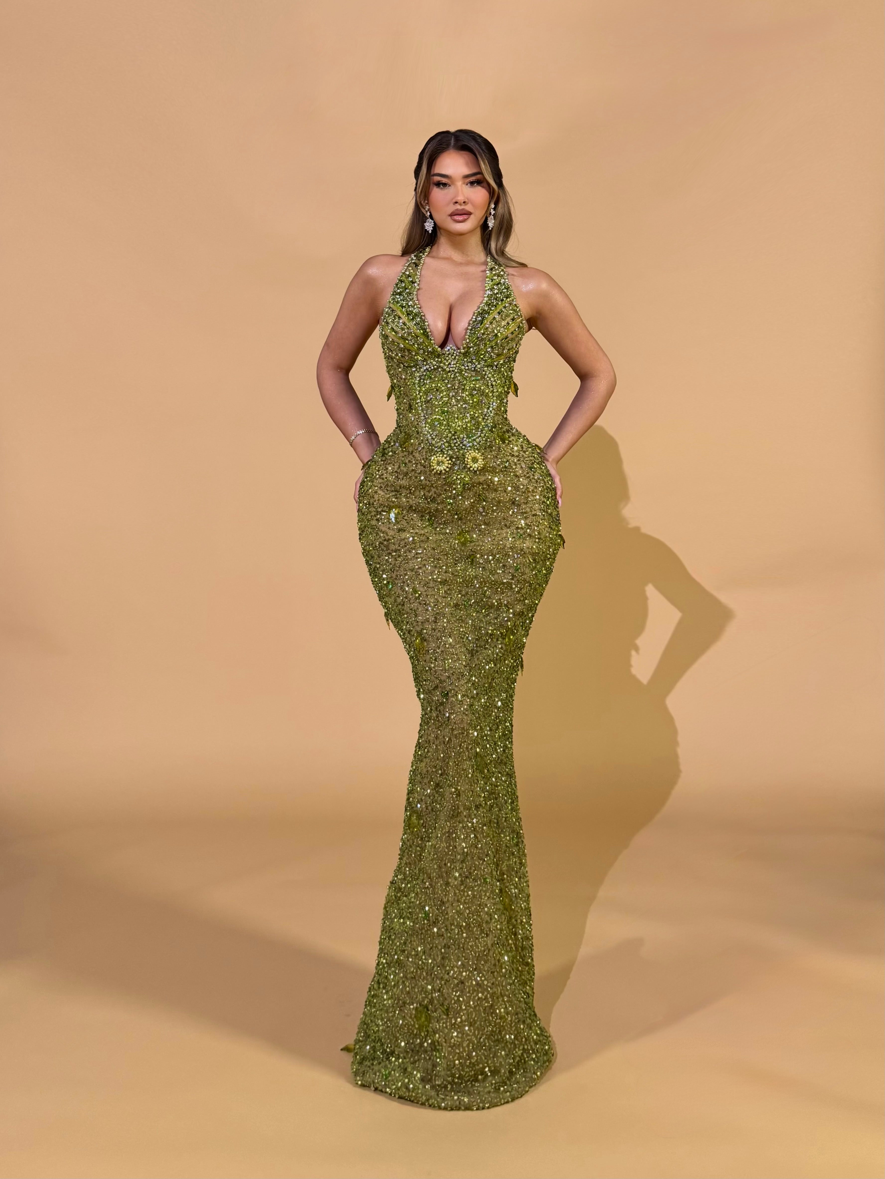 Halter Dress with Emerald Beaded Embellishments