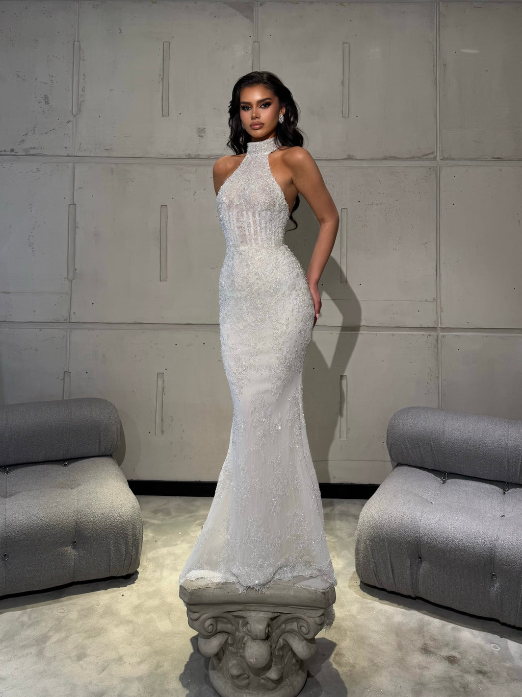 Long White Halter Neck Dress with Beaded Details