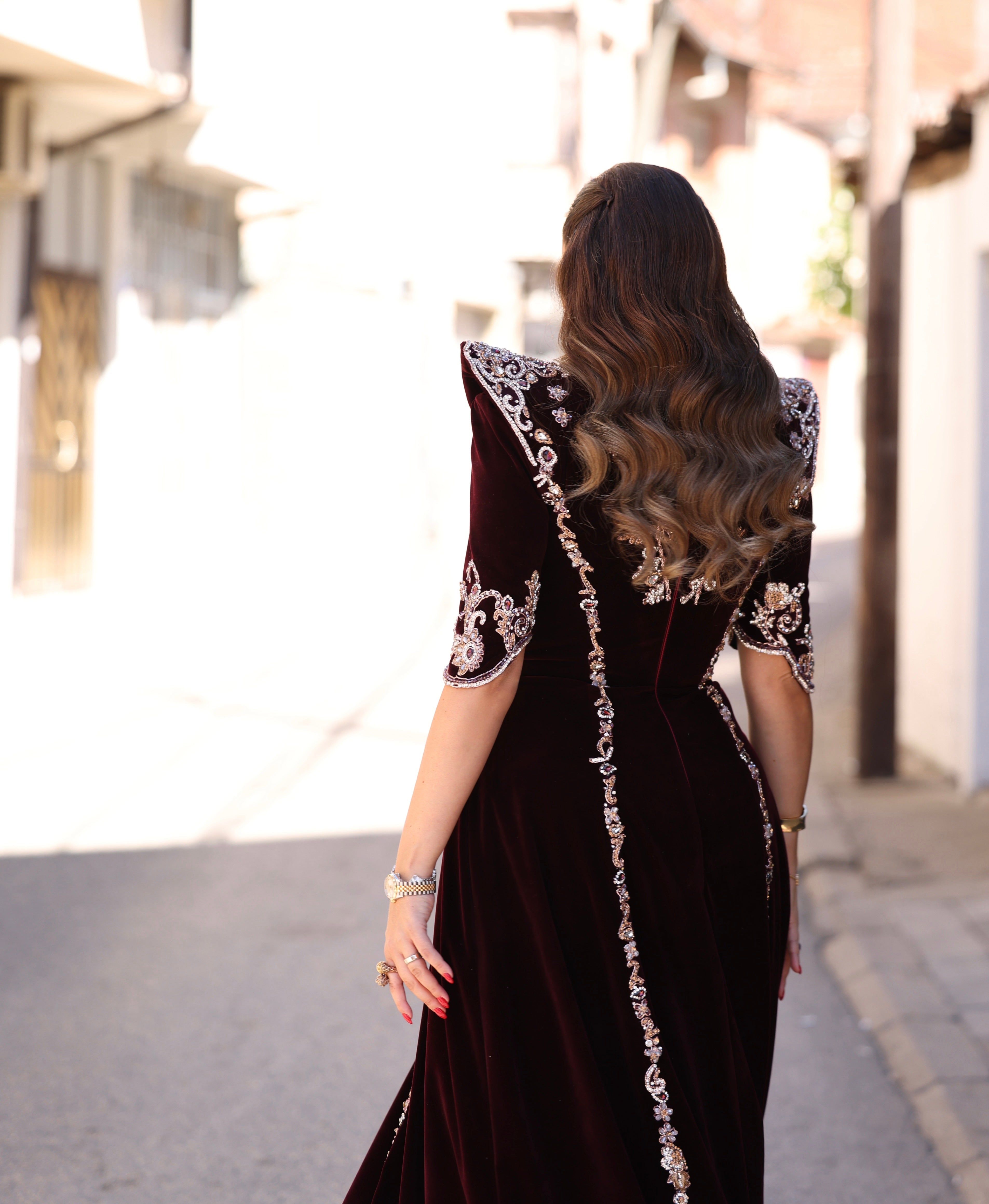 Elirá - Burgundy Velvet Long Gown with Silver Embroidery – Walone LLC