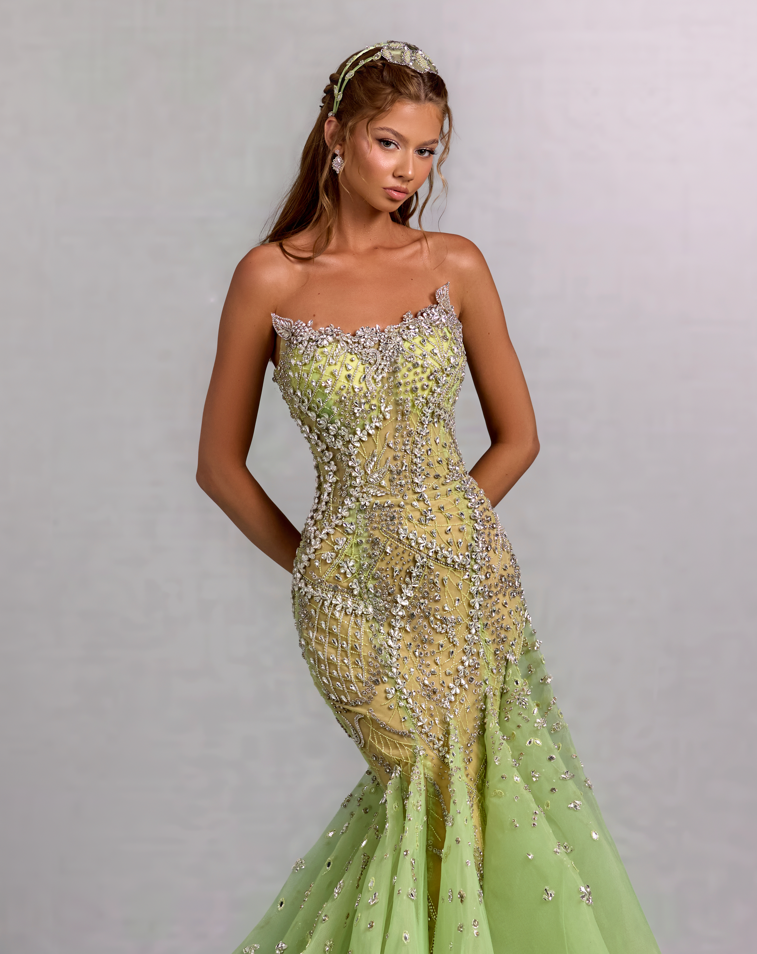 Strapless Green Gown with Beaded Embroidery