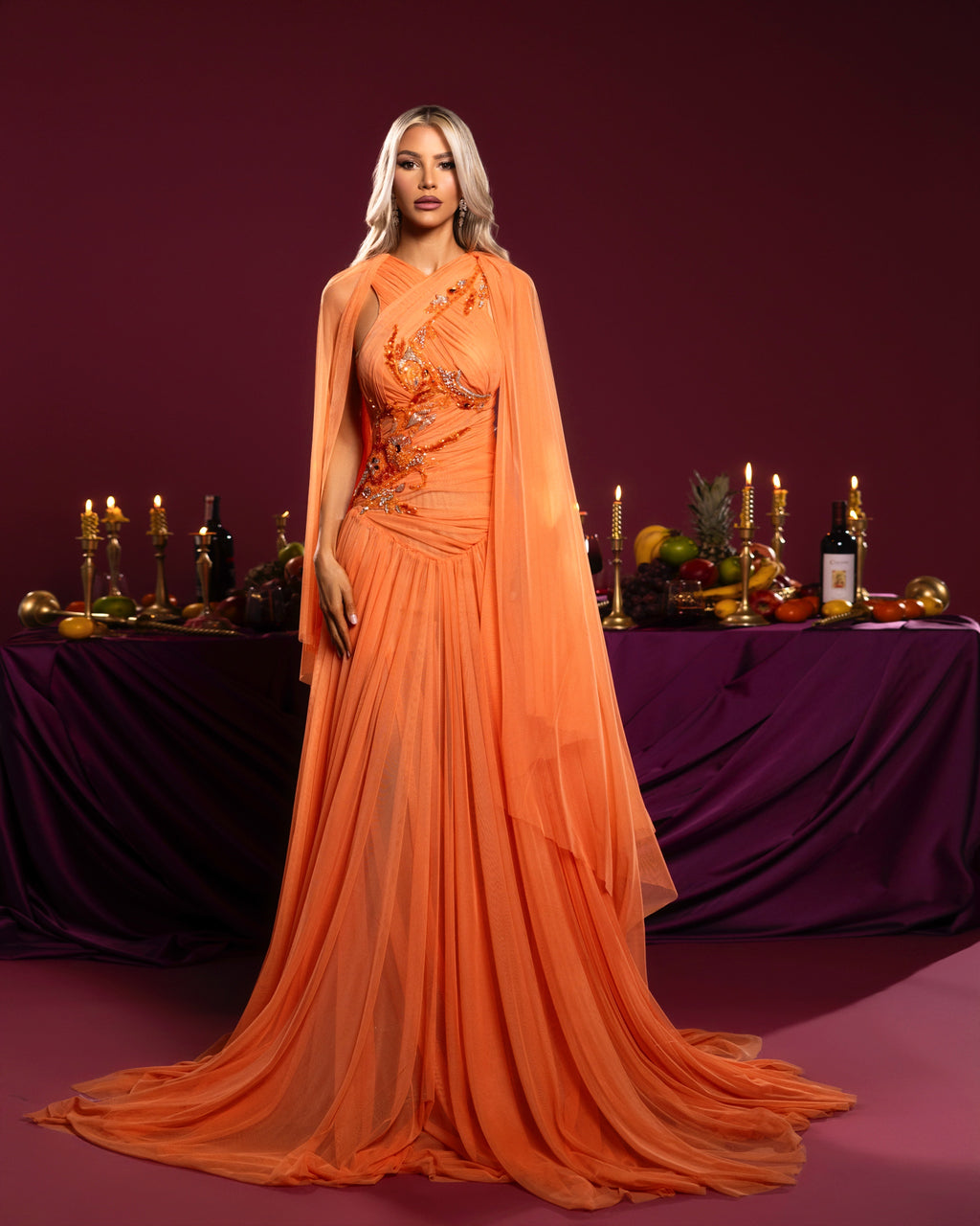 Halter Embellished Orange Gown