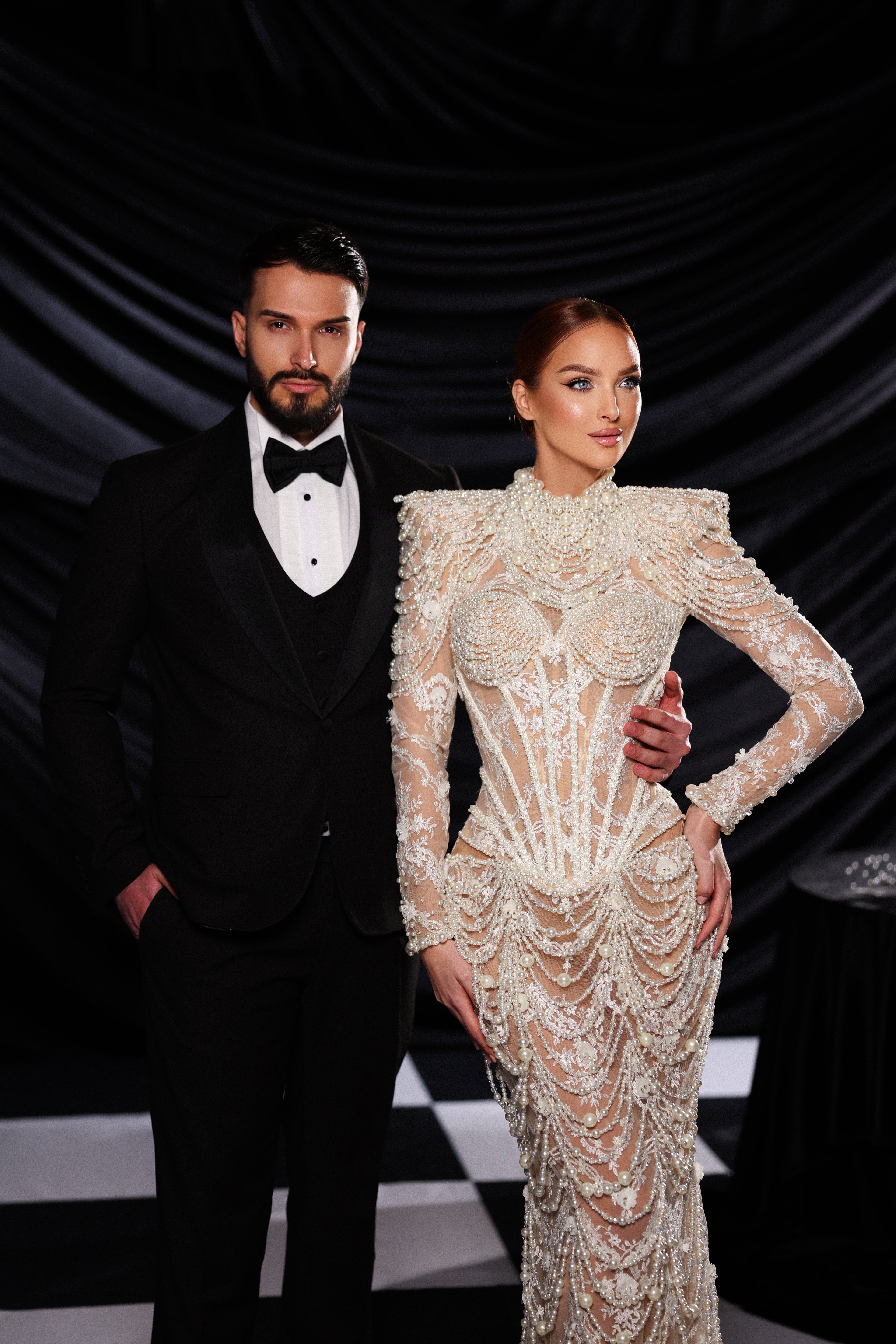 Pearl Embellished Long Sleeve Gown