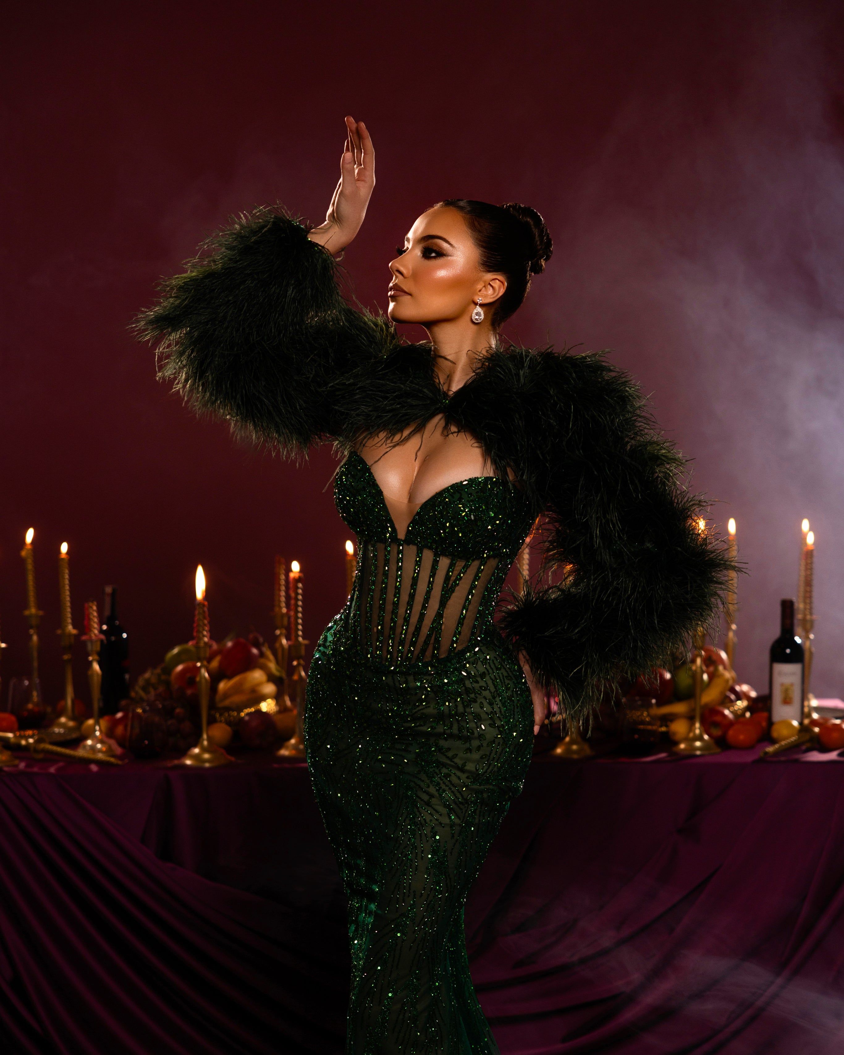 Emerald Feathered Gown