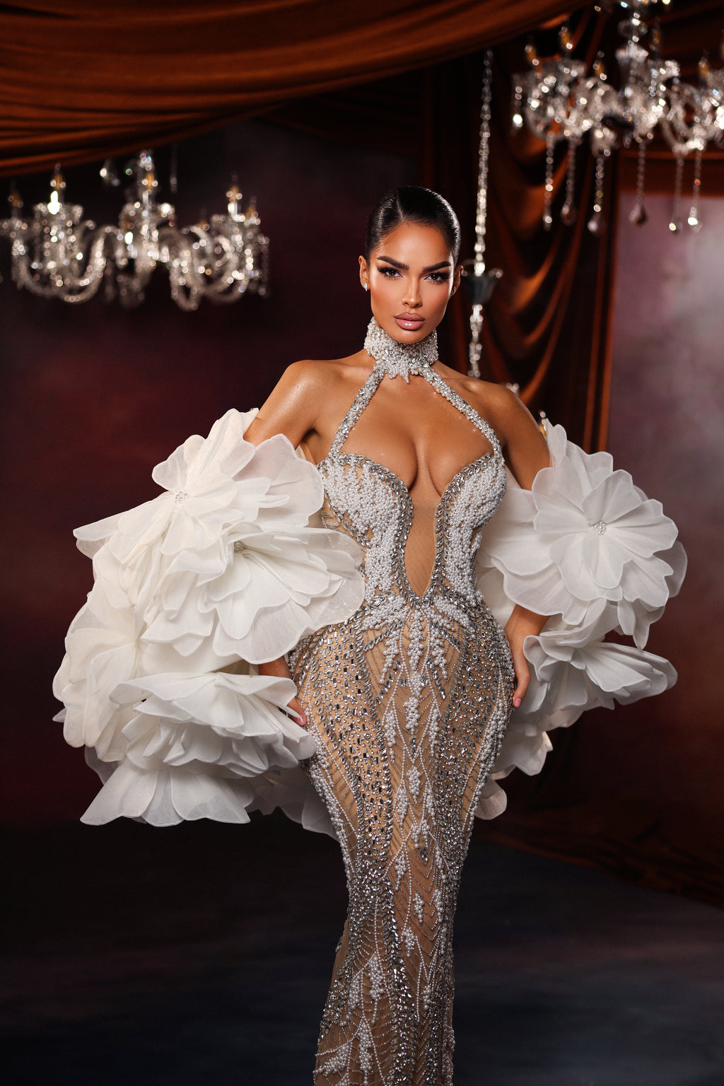 Crystal embellished dress with halter neck