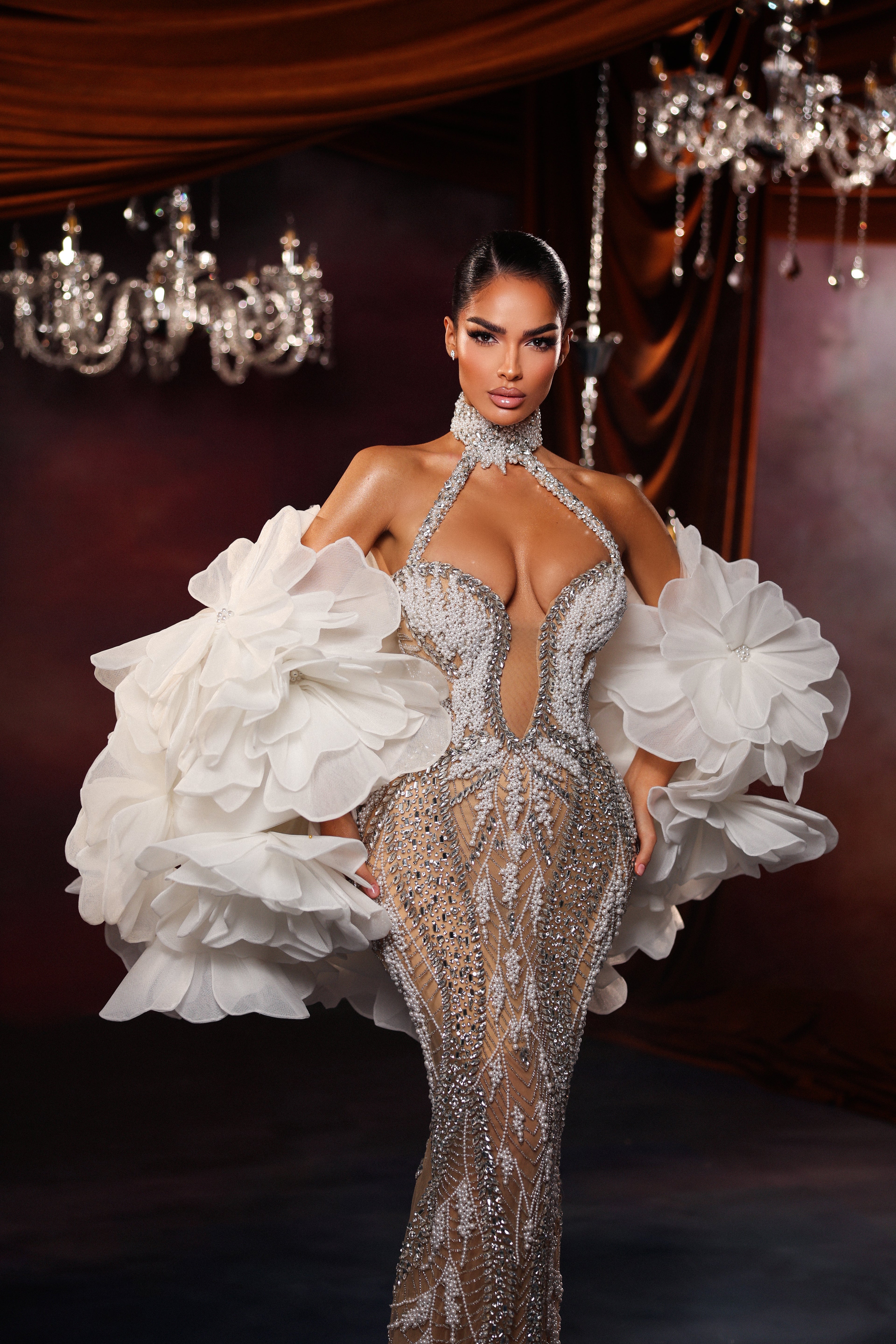 Crystal embellished dress with halter neck