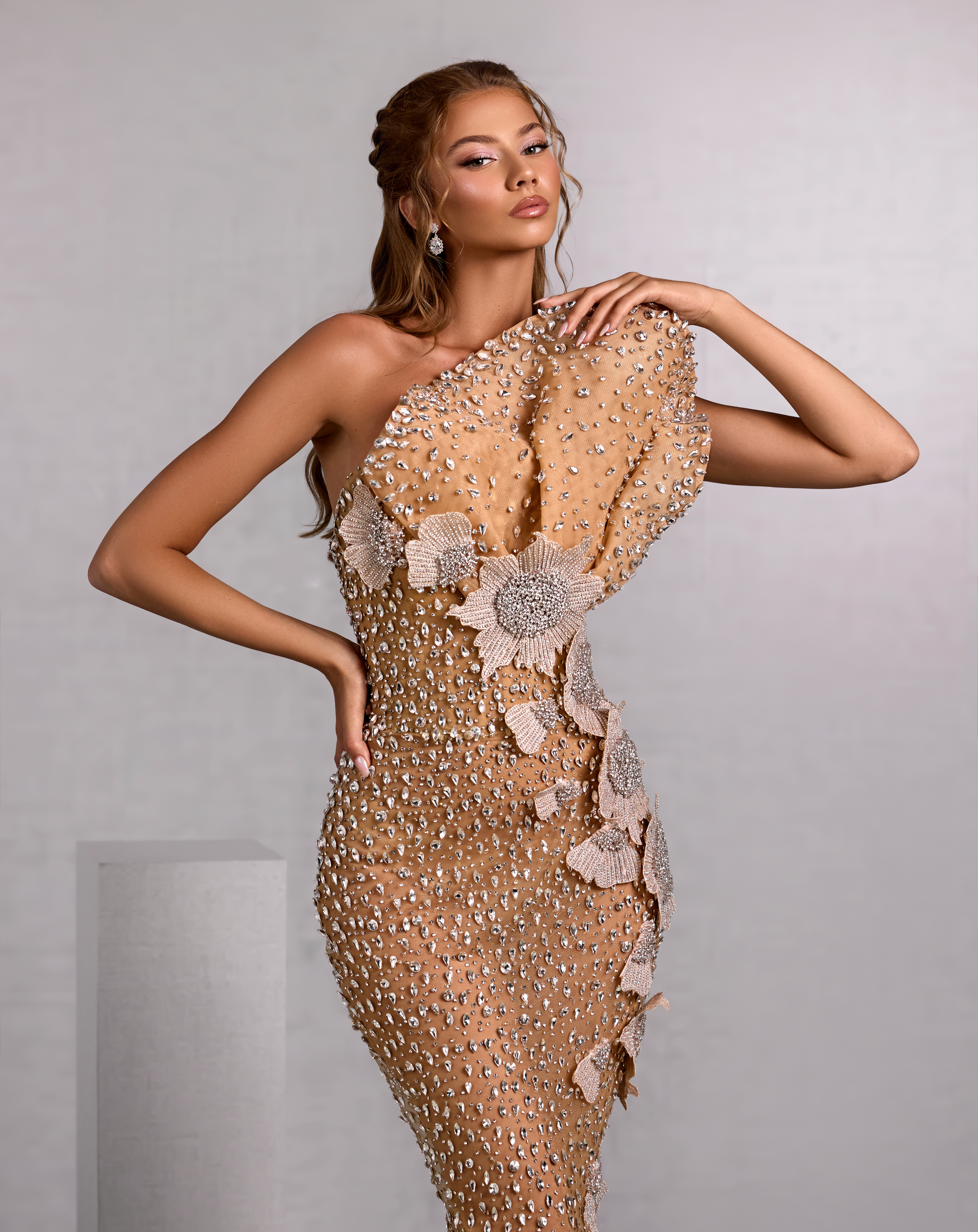 Asymmetrical Crystal Gown with 3D Silver Floral Appliqués