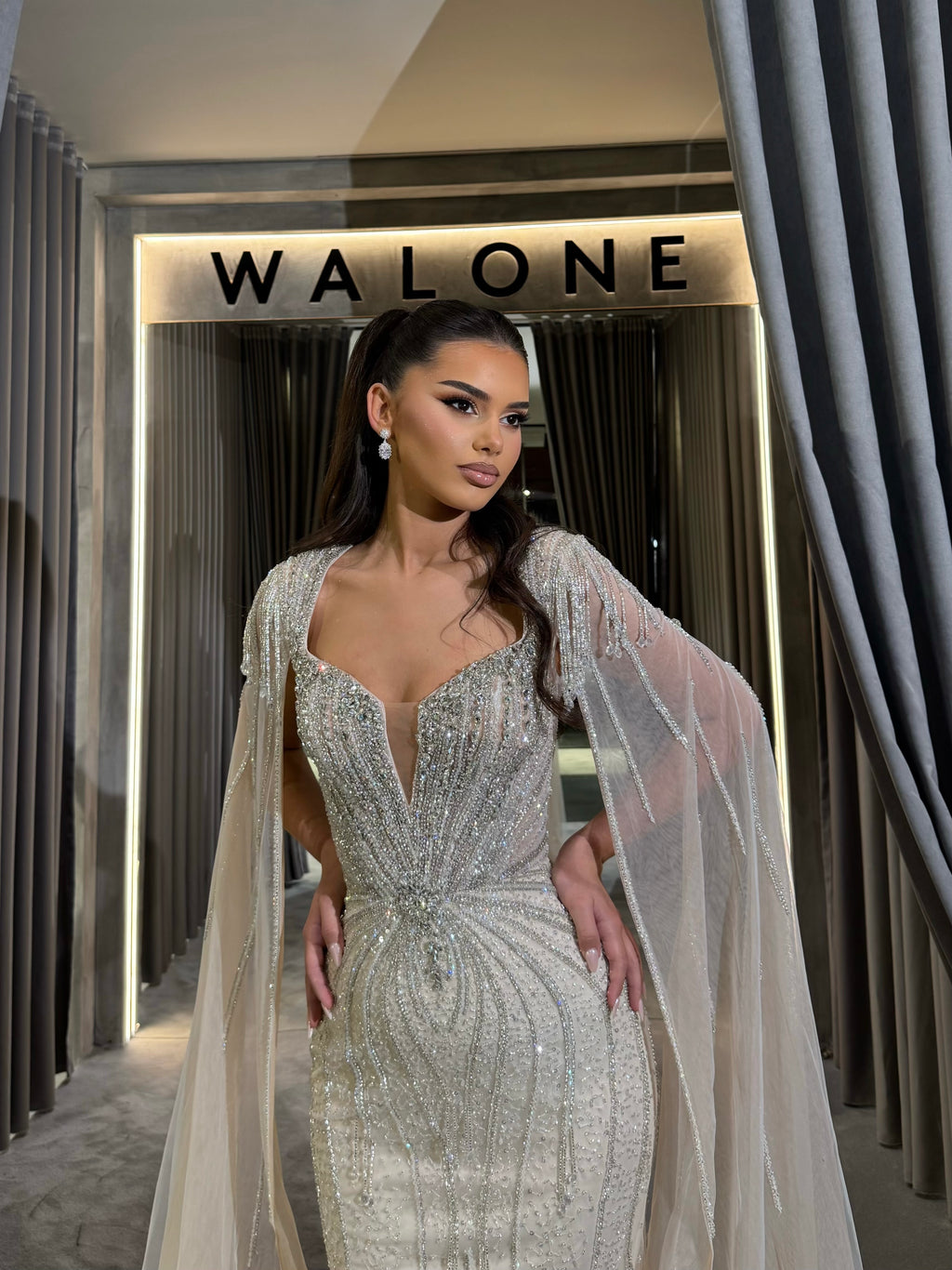 Beaded Sweetheart Dress with Floor Length Cape Sleeves