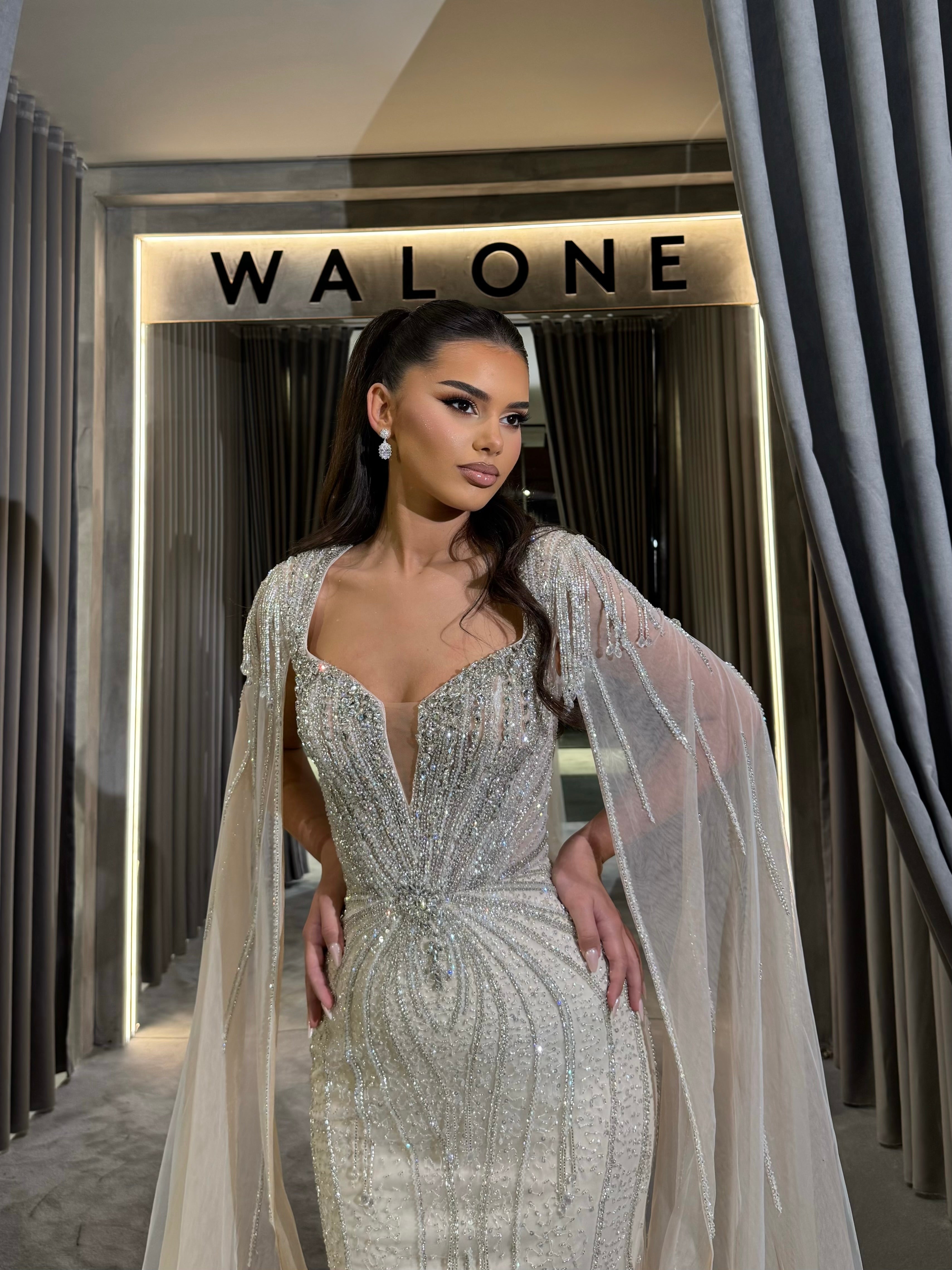 Beaded Sweetheart Dress with Floor Length Cape Sleeves