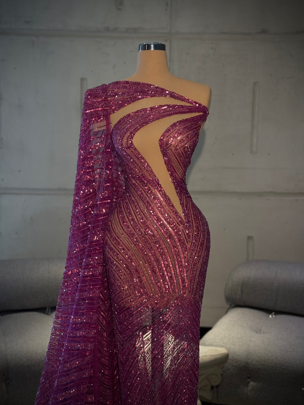 Alea - Magenta One Shoulder Embellished Gown