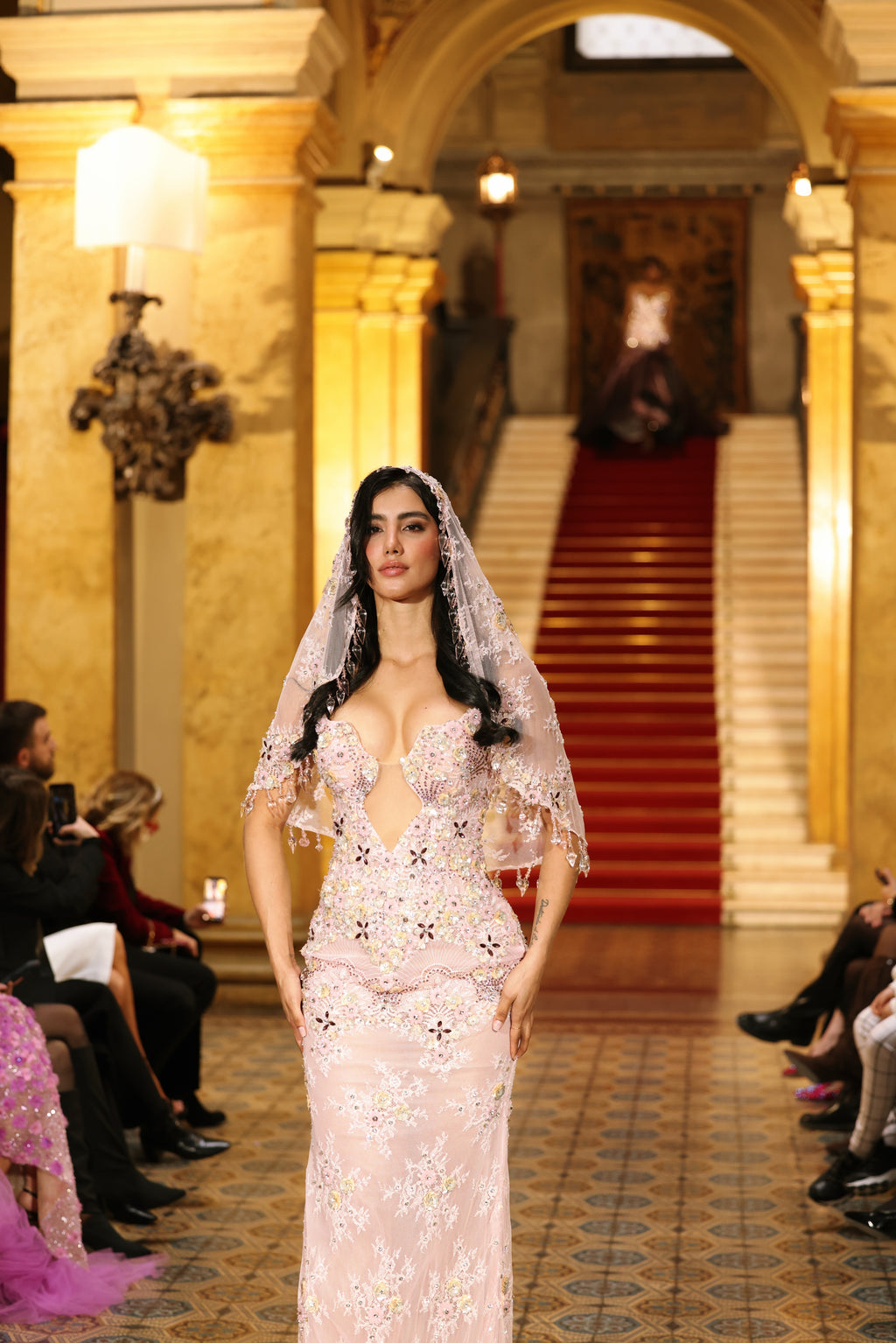 Bellaria - Embellished Deep V Lace Gown