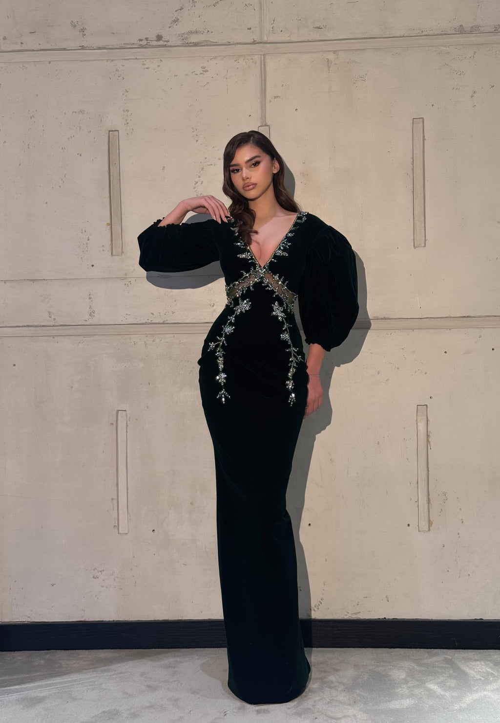 Viona - Crystal Embellished Puff Sleeve Gown