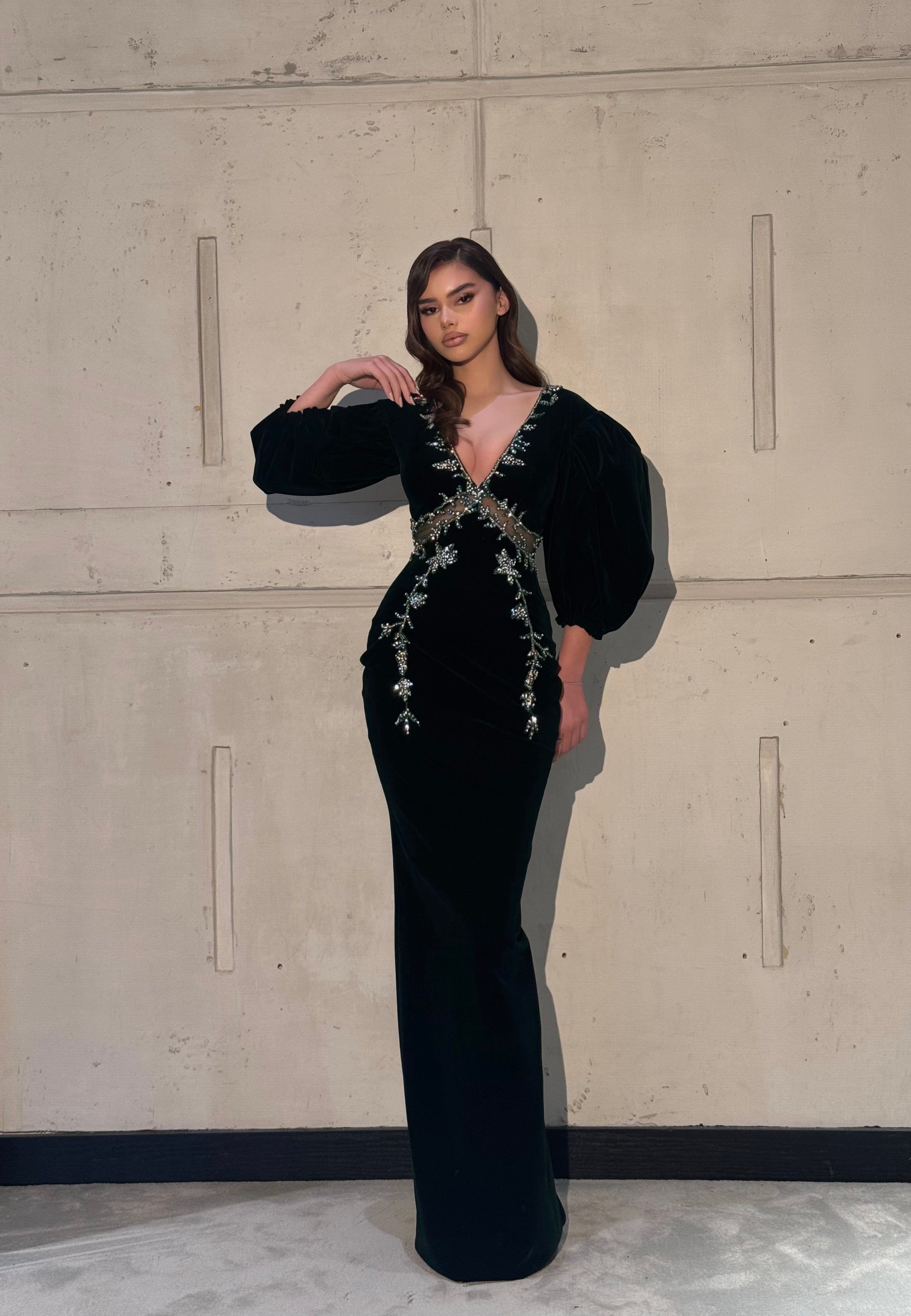 Viona - Crystal Embellished Puff Sleeve Gown