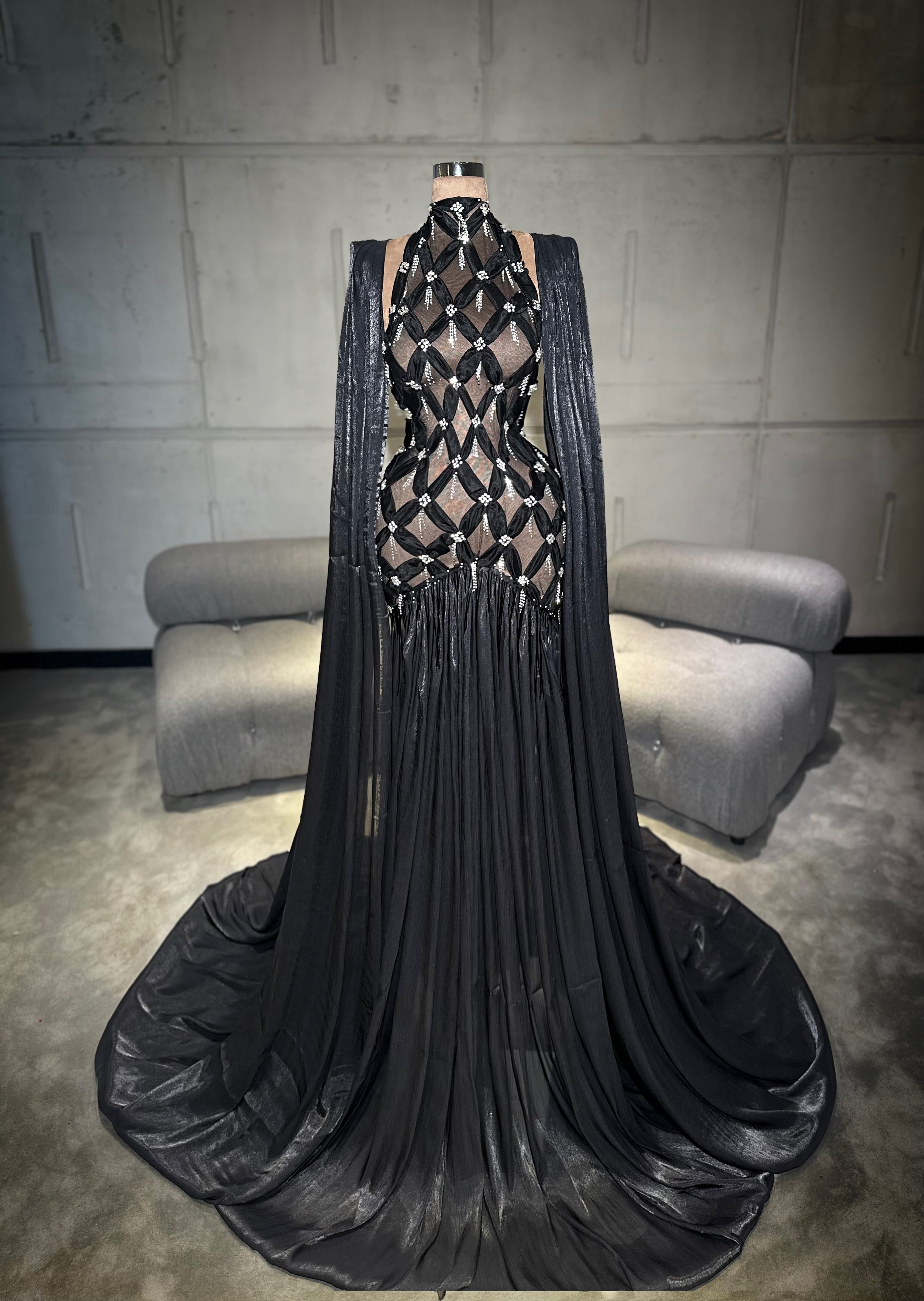 Zariah – Beaded Mesh Gown with Shoulder Drapes