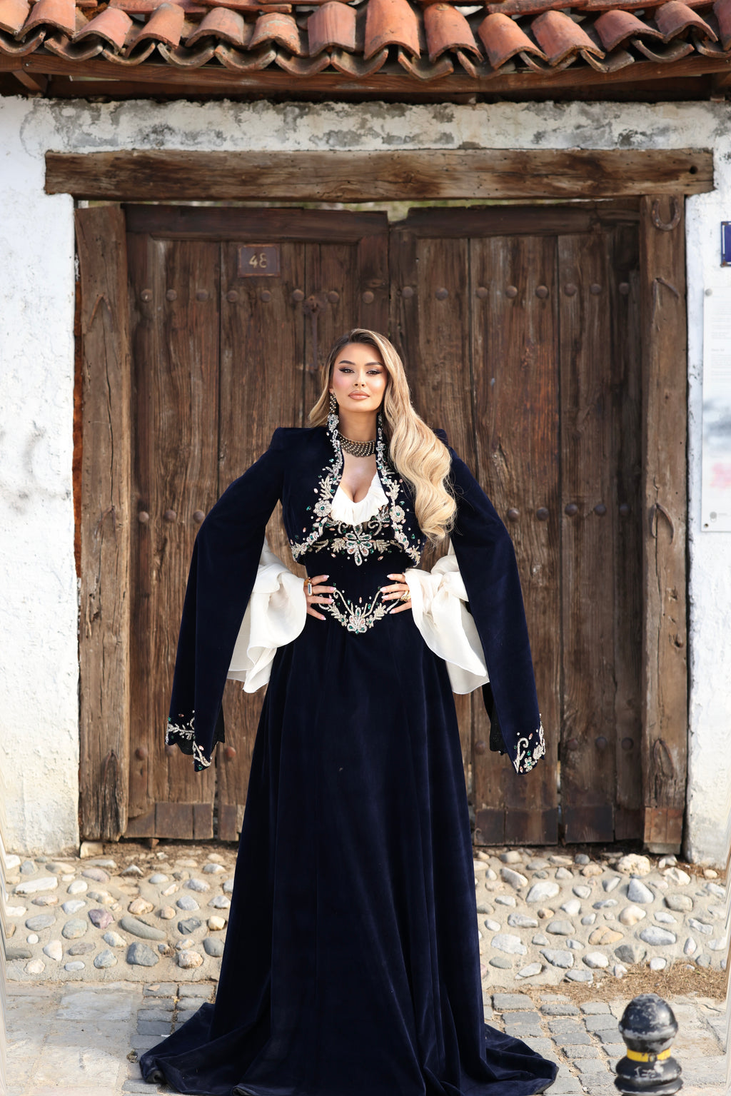 Donika - Velvet Gown with Crystal Waist Embroidery