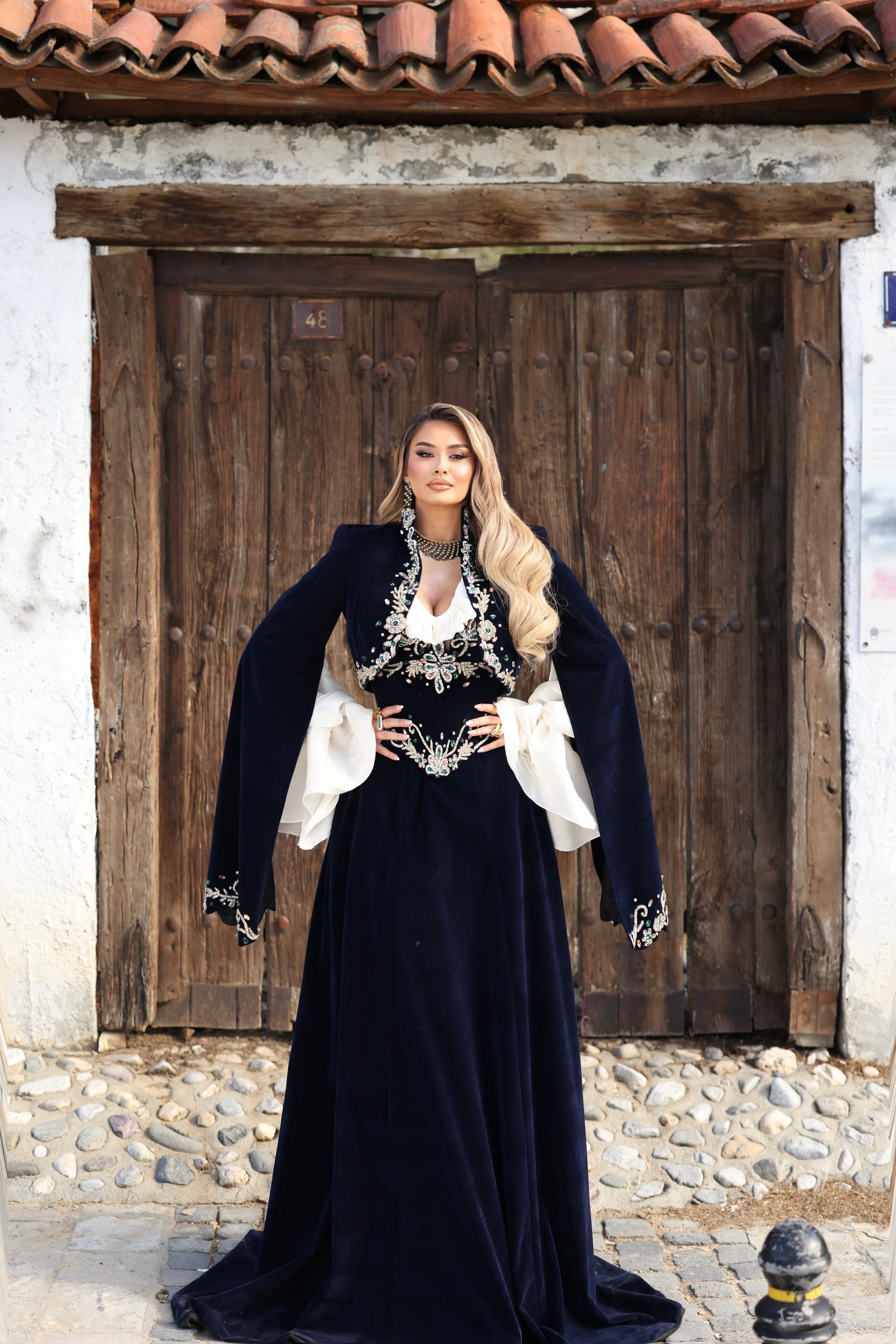 Donika - Velvet Gown with Crystal Waist Embroidery