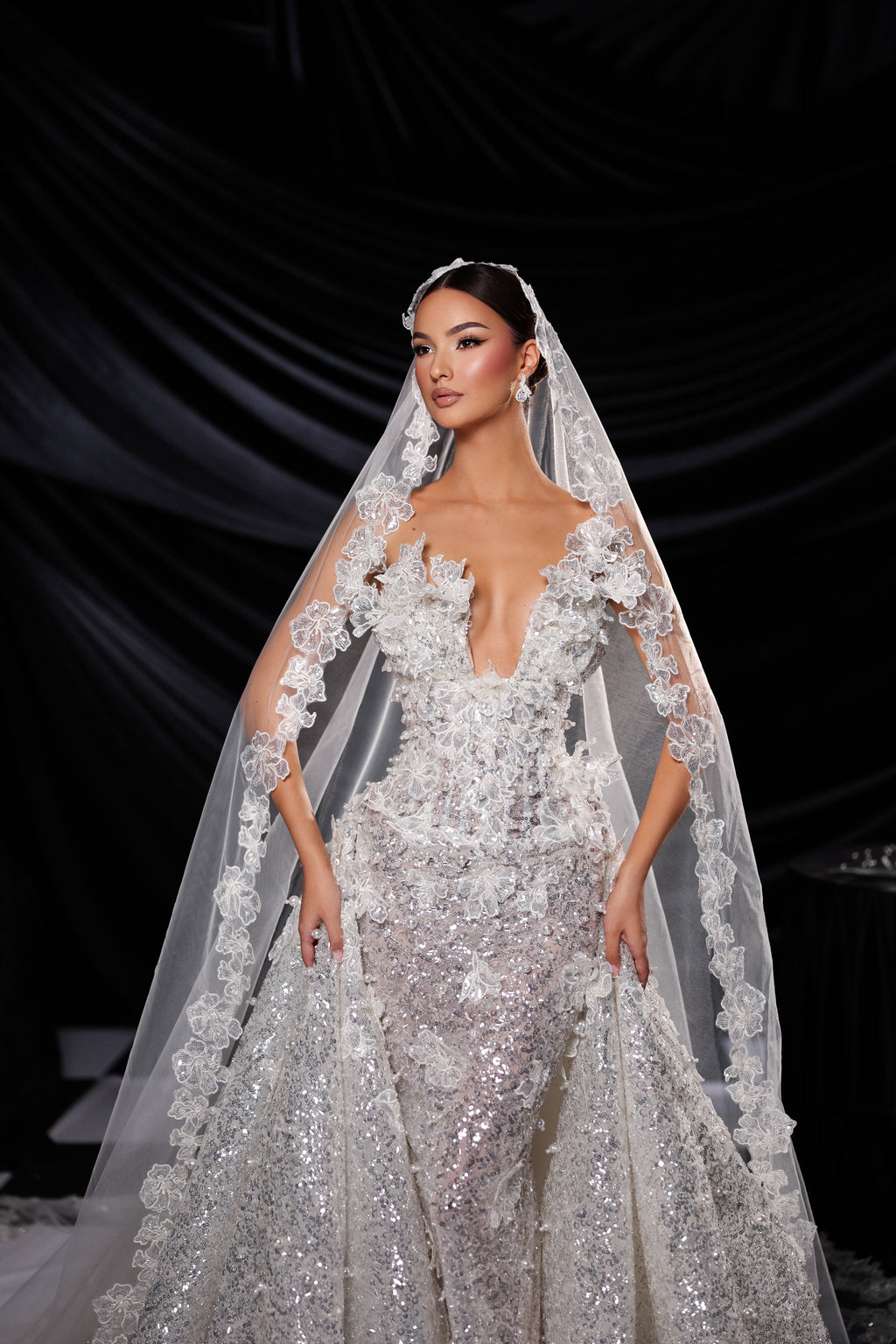 Strapless floral bridal gown with detachable cape