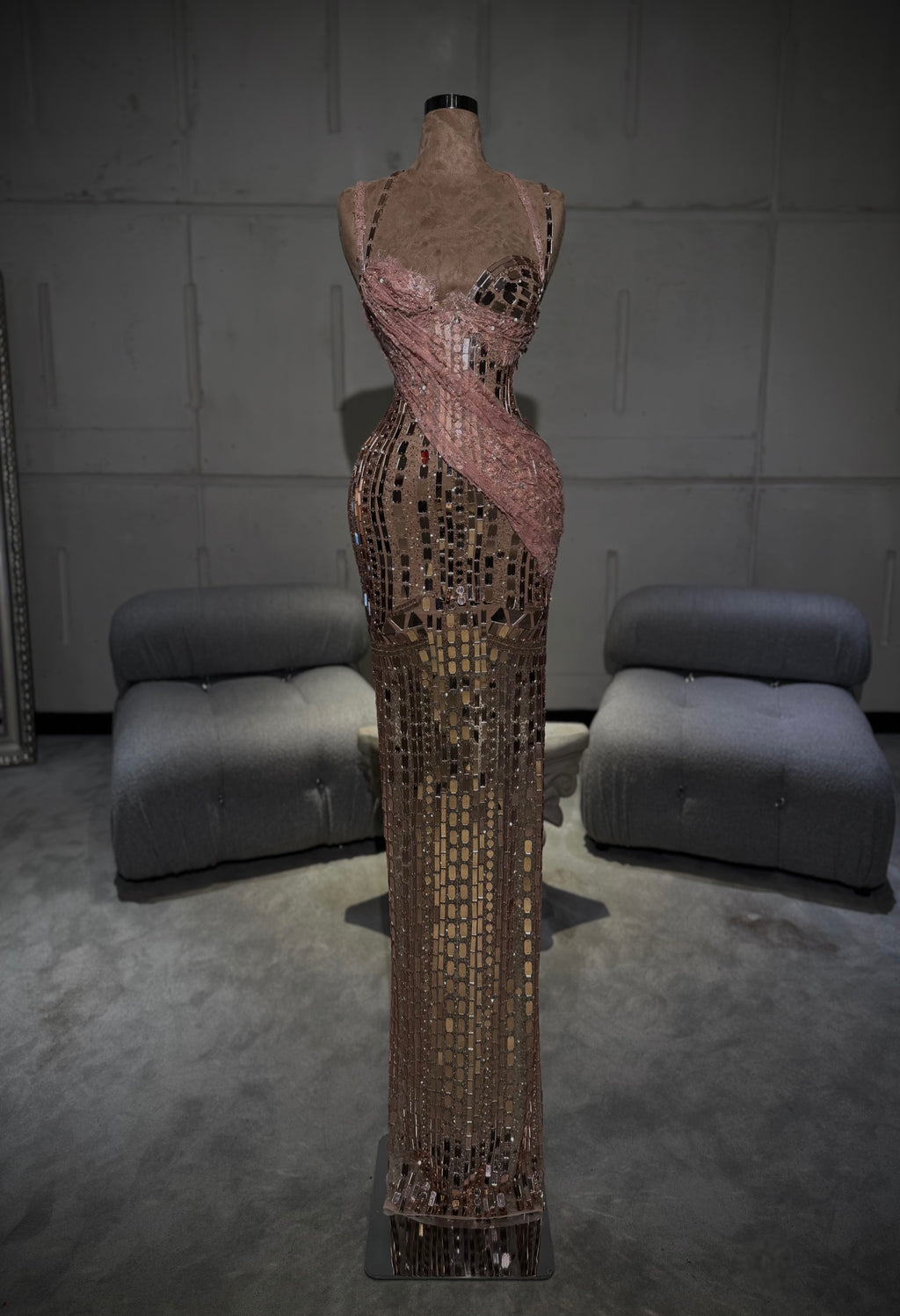 Lianna - Mirror Mosaic Corset Gown with Rosé Lace Draping