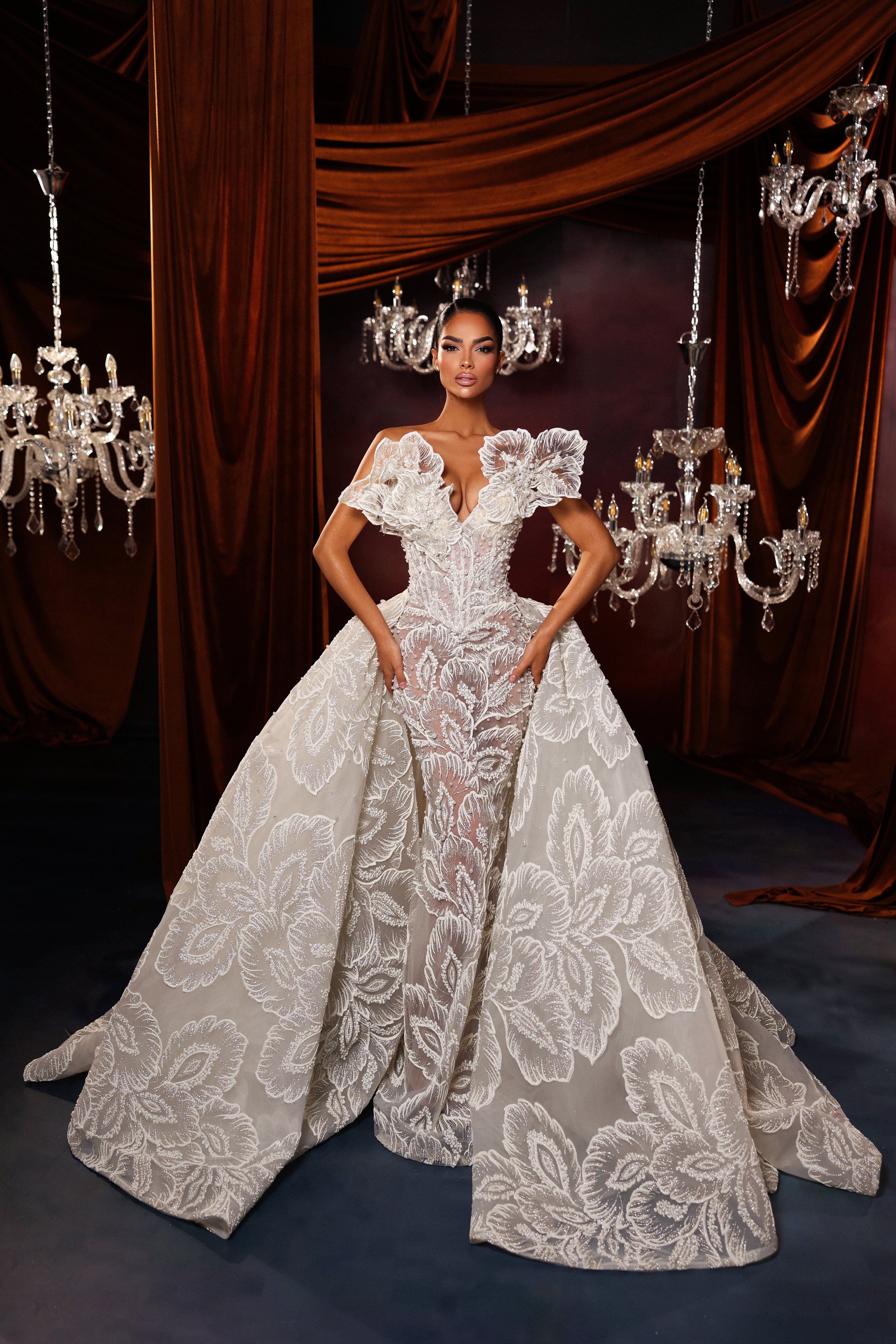 3D Floral Lace Mermaid Wedding Dress with Detachable Overskirt